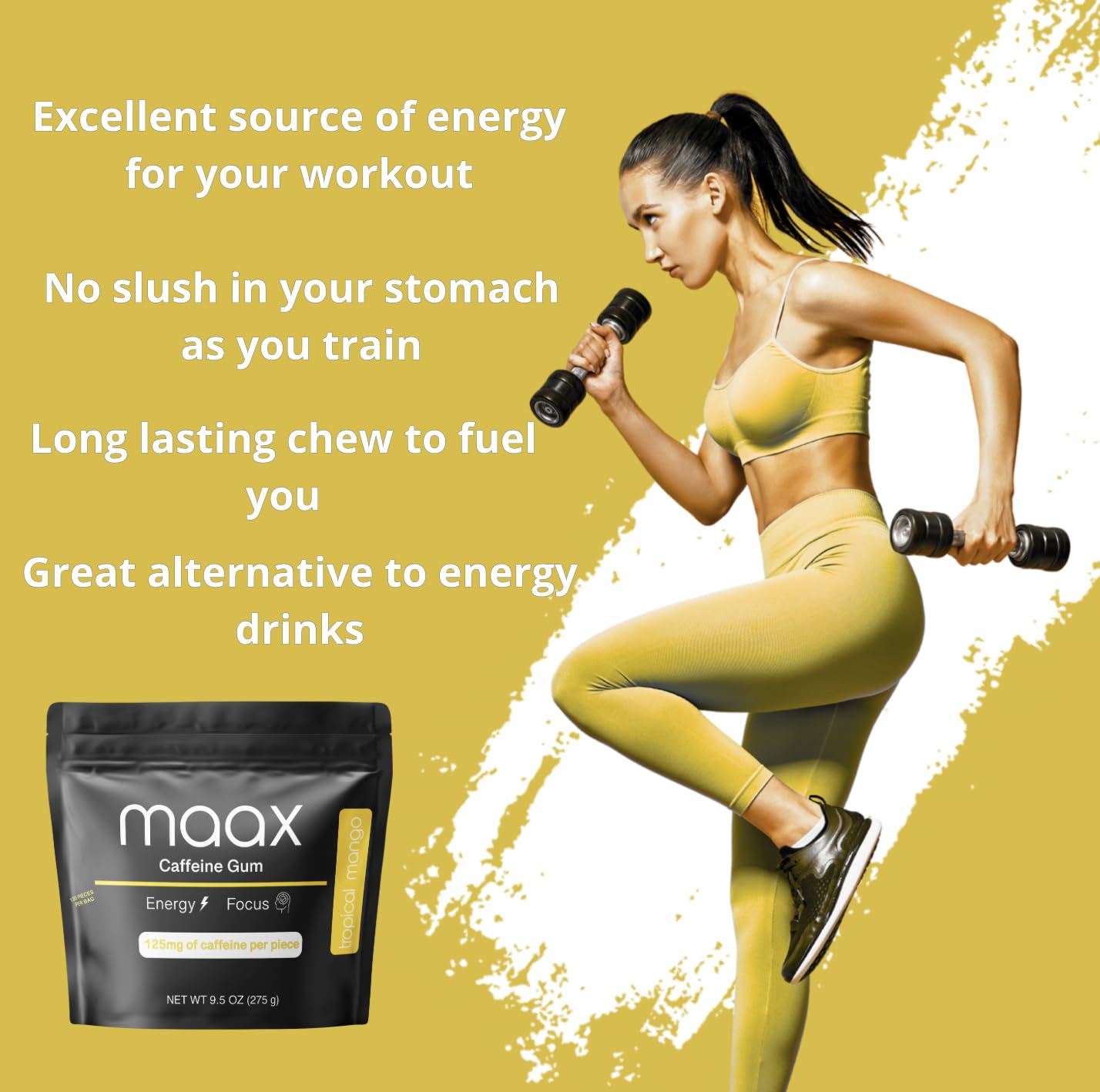 Maax Caffeine Energy Gum | 125mg of caffeine per piece | Tropical Mango | 125 total pieces per bag