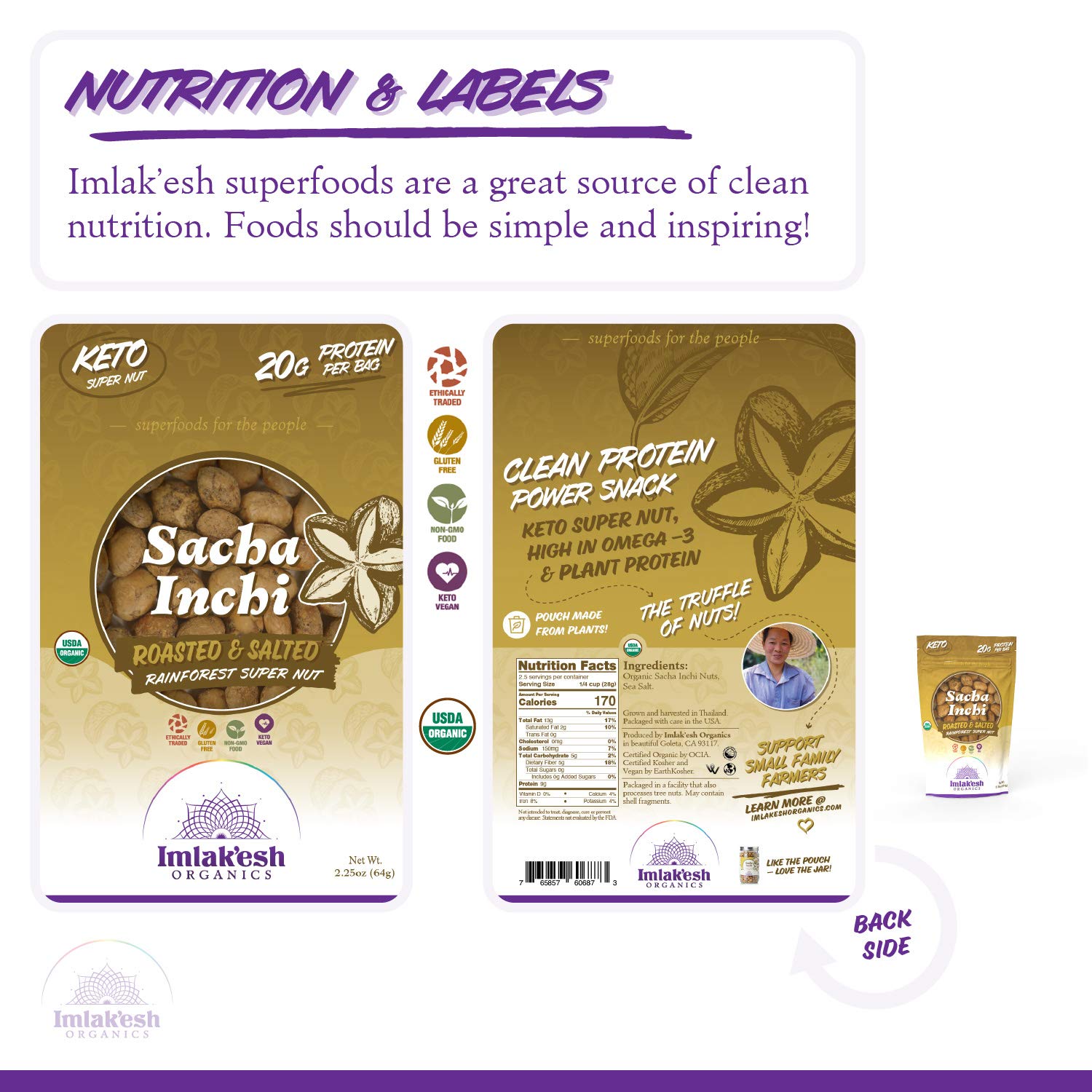 Imlak'esh Organics, Sacha Inchi Nuts (2.25oz Pouch), Protein Super-Nuts - 0 Net Carbs | Keto | Paleo | Organic | Regenerative | Protein | Gluten-Free