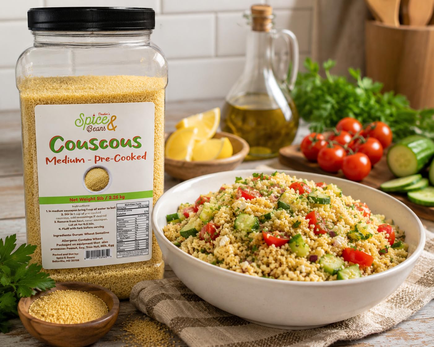 Medium Pre-cooked Couscous | 5 lb Container | Durum Wheat Semolina | Quick Cooking Grain for Salads | Side Dishes | Meal Prep & Mediterranean Recipes by Dasher's Spice & Beans