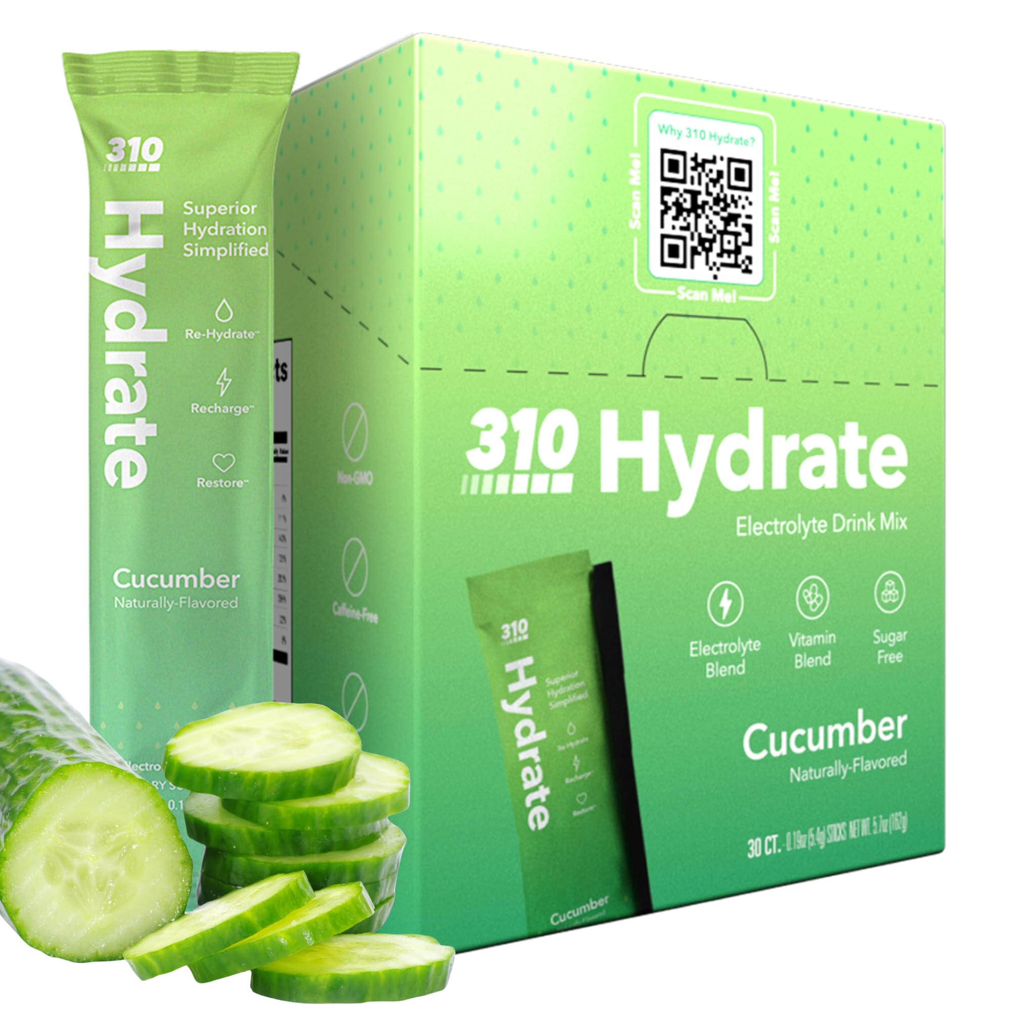 310 Nutrition Sugar Free Electrolytes Powder - Instant Hydration Packets for Daily Fluid Balance - Caffeine-Free Rehydration Drink Mix w/ Vitamins