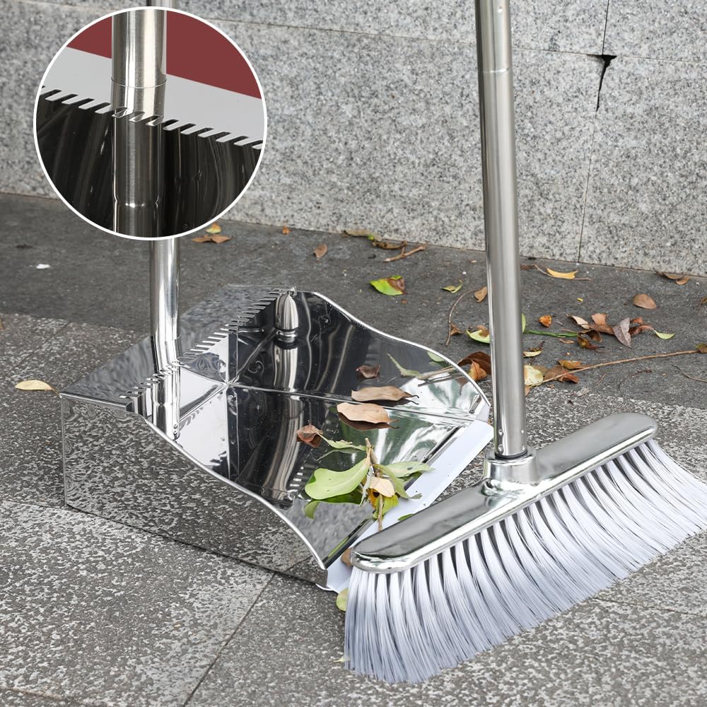 Metal Dustpan with Broom Set, Long Handle Stainless Steel Dustpan,Heavy Duty Standing Dust Pan with Teeth, Indoor Outdoor Up for Home Kitchen Lobby