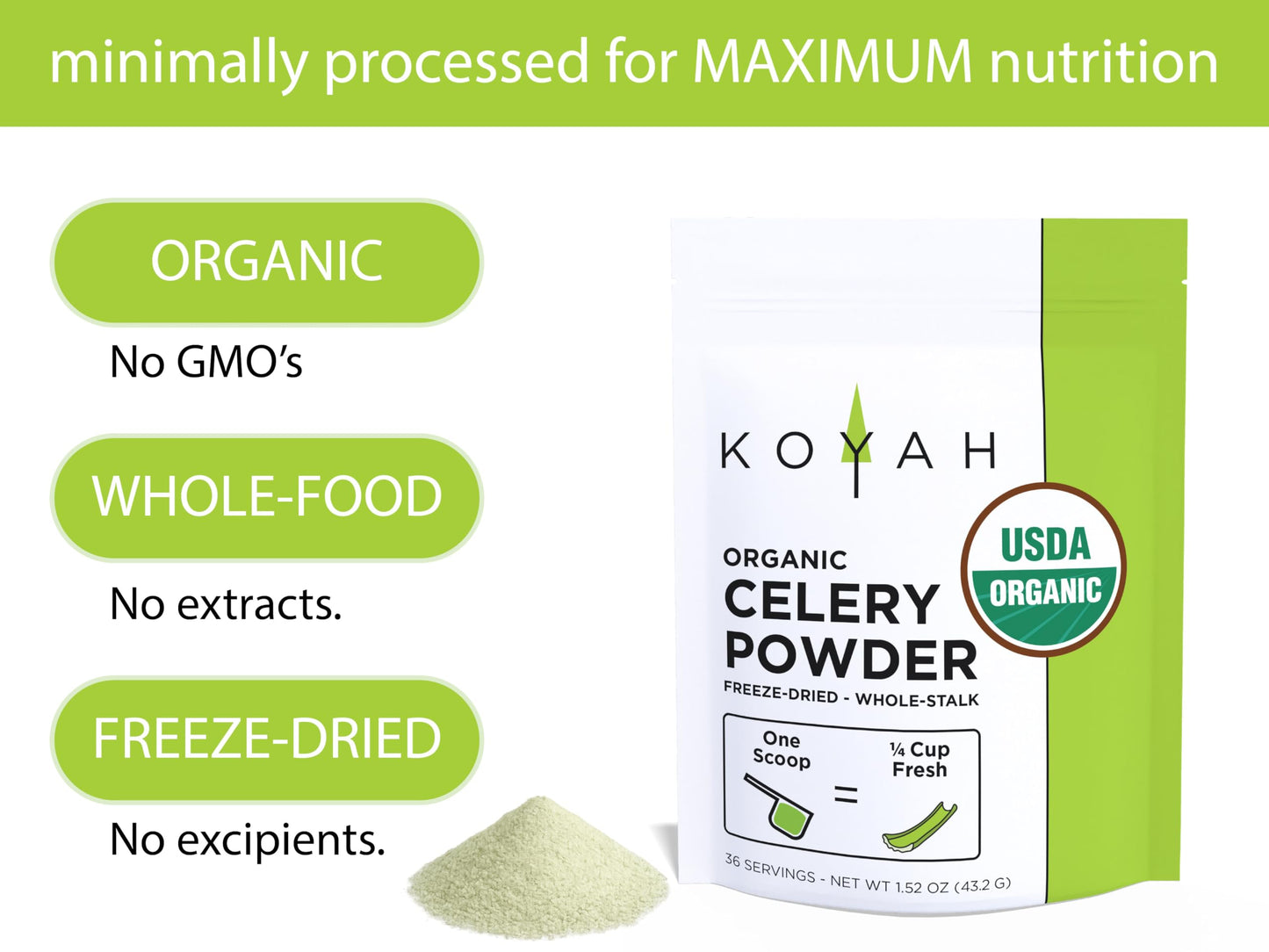 KOYAH - Organic USA Celery Powder (1 Scoop = 1/4 Cup Fresh): 36 Servings, Freeze-dried, Whole-Stalk Powder
