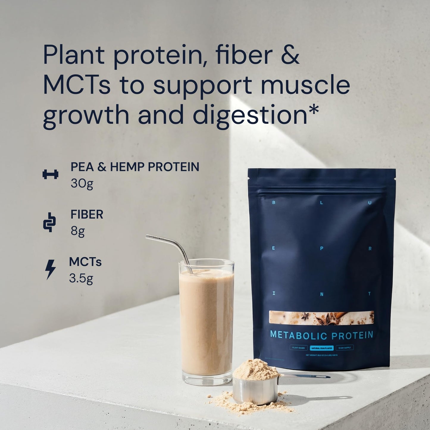 Blueprint Bryan Johnson Vegan Protein Meal Replacement - Plant Based Hemp Protein with 30g Protein Per Serving - Low Calorie, Chai Flavored Protein