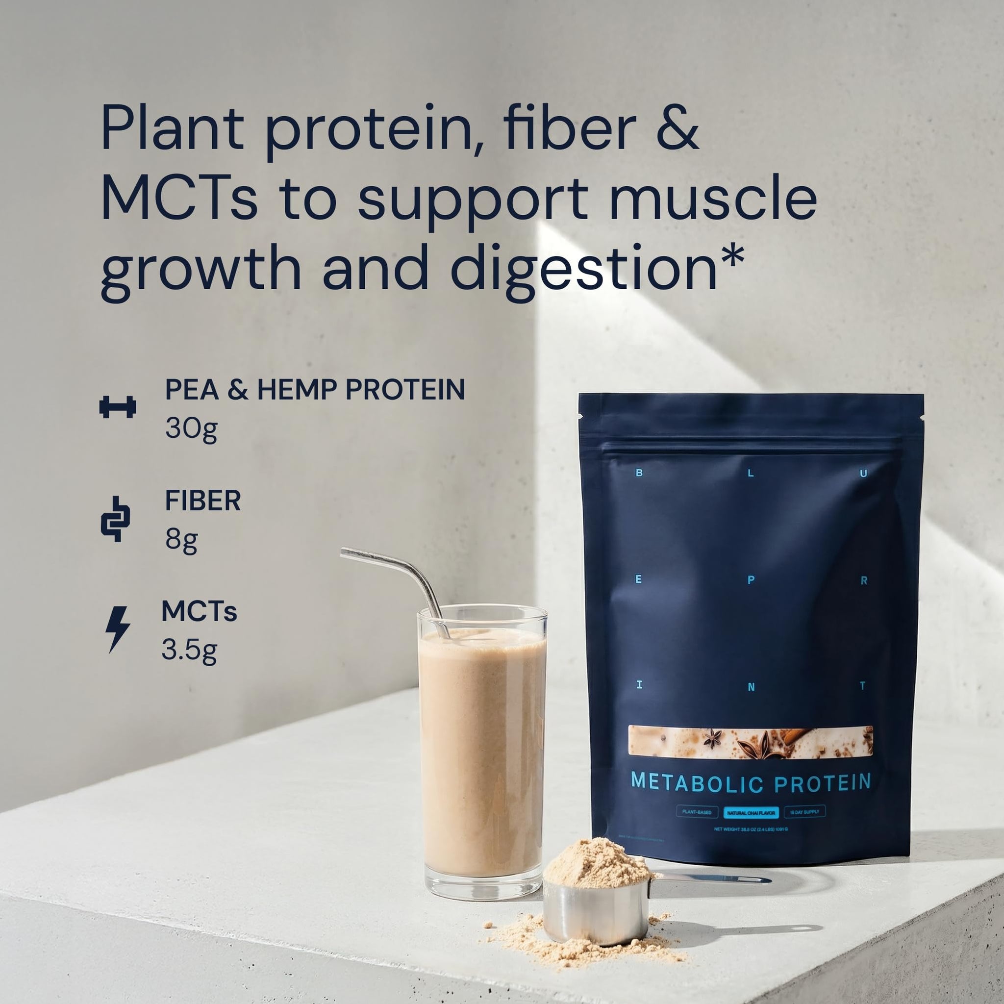 Blueprint Bryan Johnson Vegan Protein Meal Replacement - Plant Based Hemp Protein with 30g Protein Per Serving - Low Calorie, Chai Flavored Protein