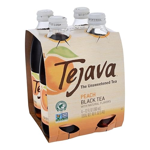Tejava Peach Black Iced Tea, 4 Pack, 12oz Glass Bottles, Unsweetened, Non-GMO, Kosher, No Sugar or Sweeteners, No calories, No Preservatives, Brewed