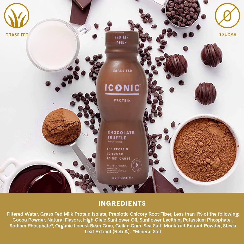 Iconic Protein Drinks, Chocolate Truffle (12 Pack) - Sugar Free & Low Carb - 20g Grass Fed Protein - Lactose Free, Gluten Free, Non-GMO, Kosher - Keto