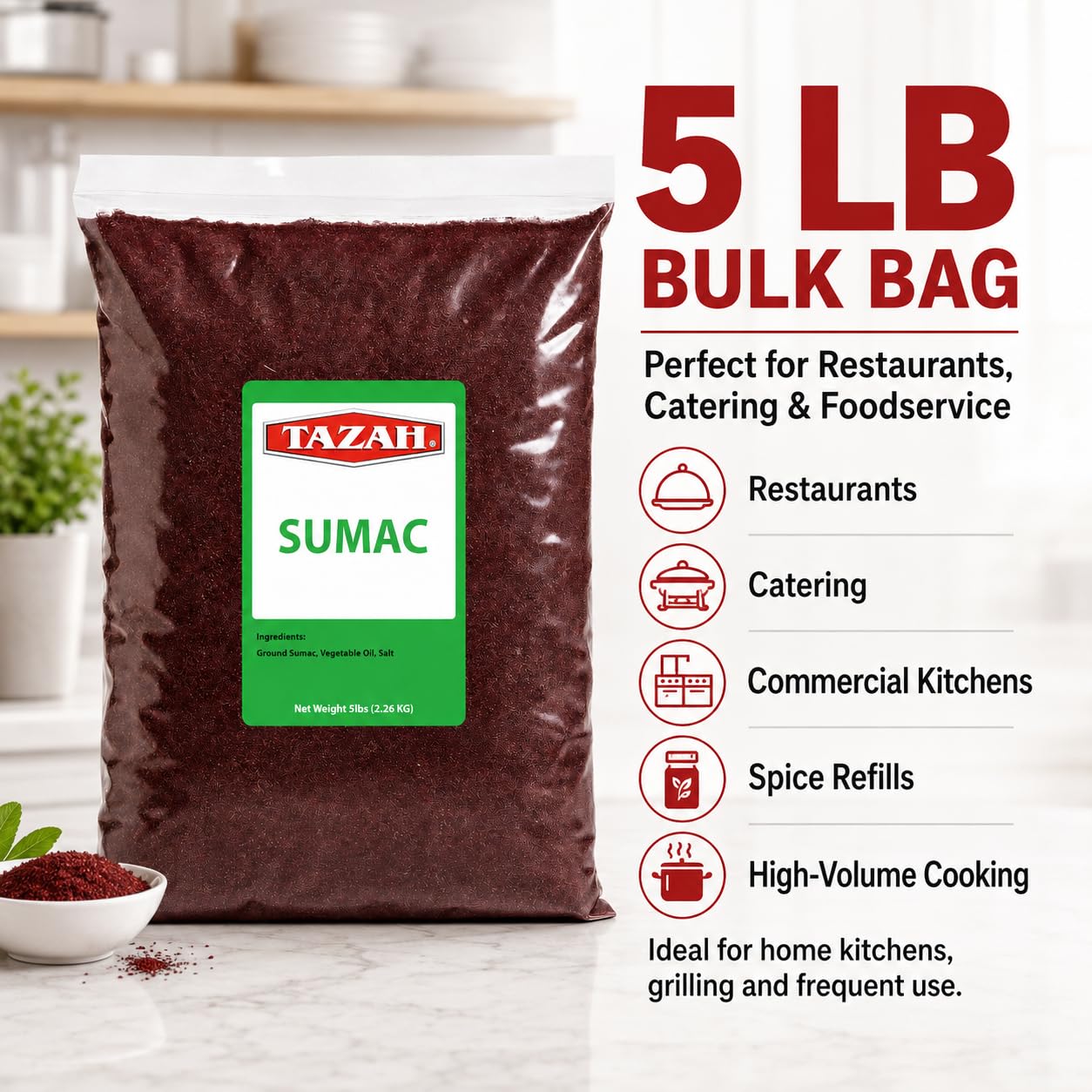 Tazah Sumac Spice 5 lb, Bulk Ground Sumac Seasoning from Jordan, Tangy Middle Eastern and Mediterranean Spice Powder for Restaurants, Foodservice