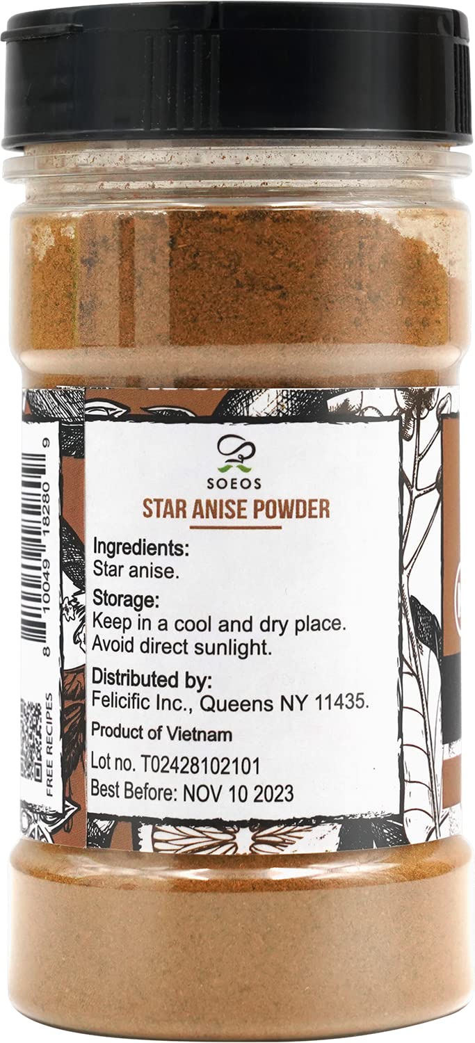Soeos Chinese Star Anise Powder 2.6 oz (74g), Ground Chinese Star Anise Seeds, Dried Anise Star Spice, Star Anise Bulk, Anise Star. Non-GMO Verified
