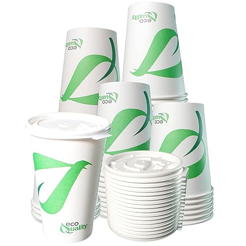 EcoQuality 16 oz Compostable Paper Cups with White Flat Lids - Biodegradable Disposable White Paper Coffee Cups PLA Lined - Eco-friendly Hot and Cold