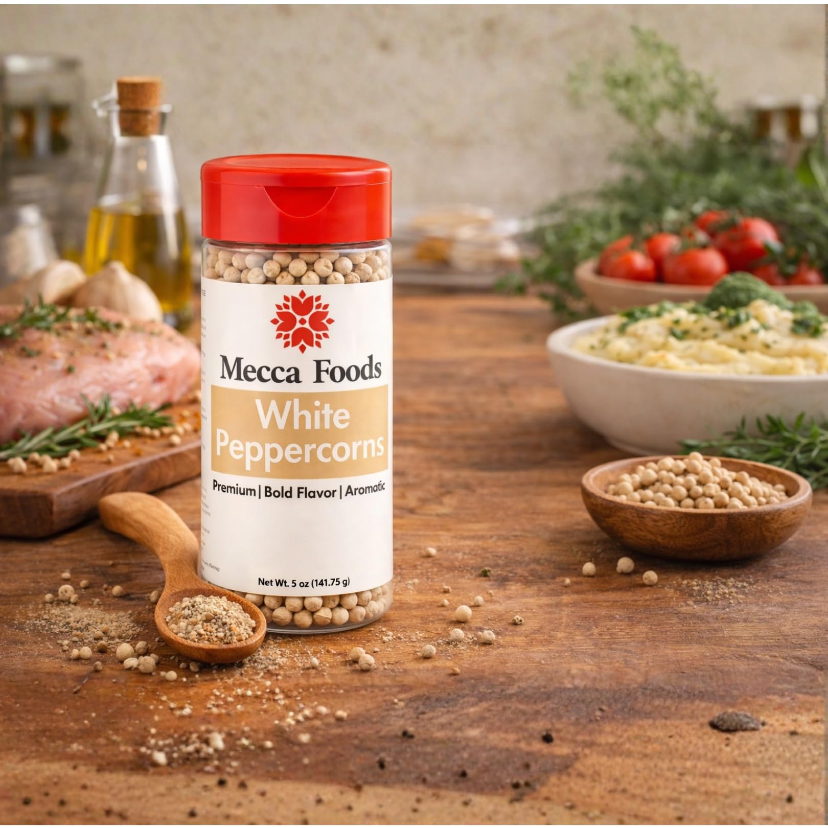Mecca Foods Premium Whole White Peppercorns 5 oz - Gourmet White Pepper for Cooking, Seasoning & Marinades - Fresh Aroma in PET Jar