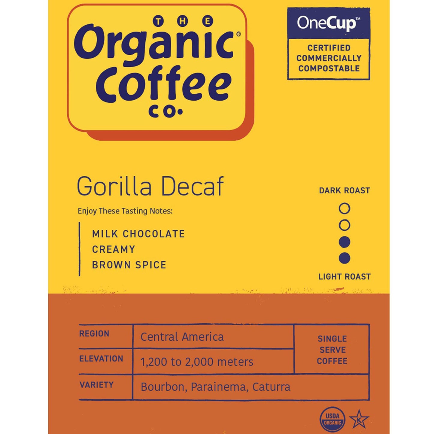 The Organic Coffee Company Gorilla Decaf OneCup - 12 Count Compostable Pods - Medium Light Roast Arabica Coffee - Compatible with most Keurig K-Cup