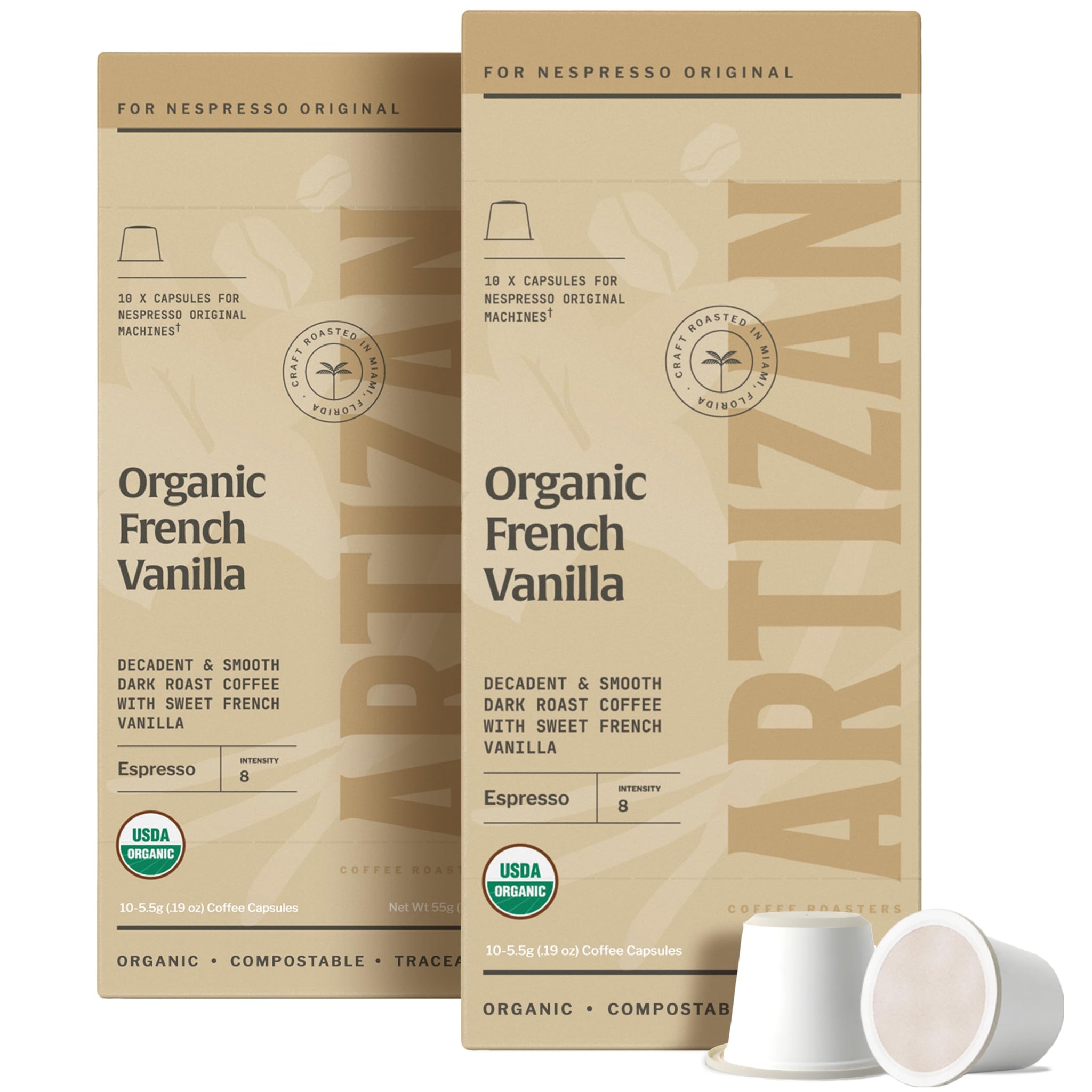 Artizan Coffee USDA Organic Espresso Coffee Capsules For Nespresso Original | French Vanilla Flavored | 20 Compatible Compostable Pods