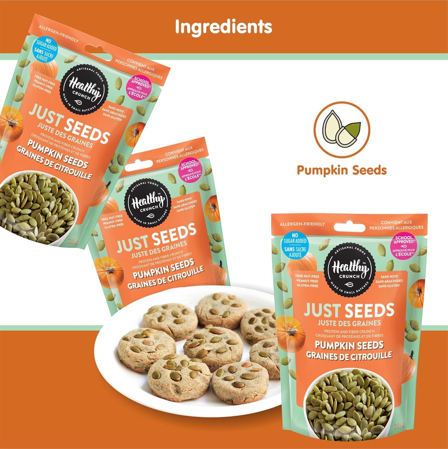 Healthy Crunch - Just Seeds - Pumpkin Seeds 225g x 6 Units - No Added Salted - Raw Seeds - No Added Oil - No Added Sugar - Peanut-Free - Tree Nut-Free