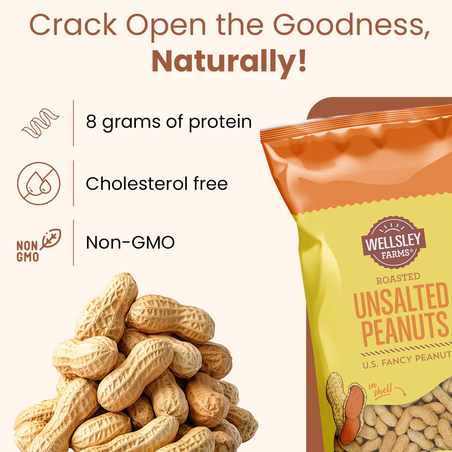 Wellsley Farms Unsalted Roasted In-Shell Peanuts, USA Grown Whole with Shell, Non-GMO, Low Sodium, Cholesterol-Free, Shell-Cracking Snack for Game