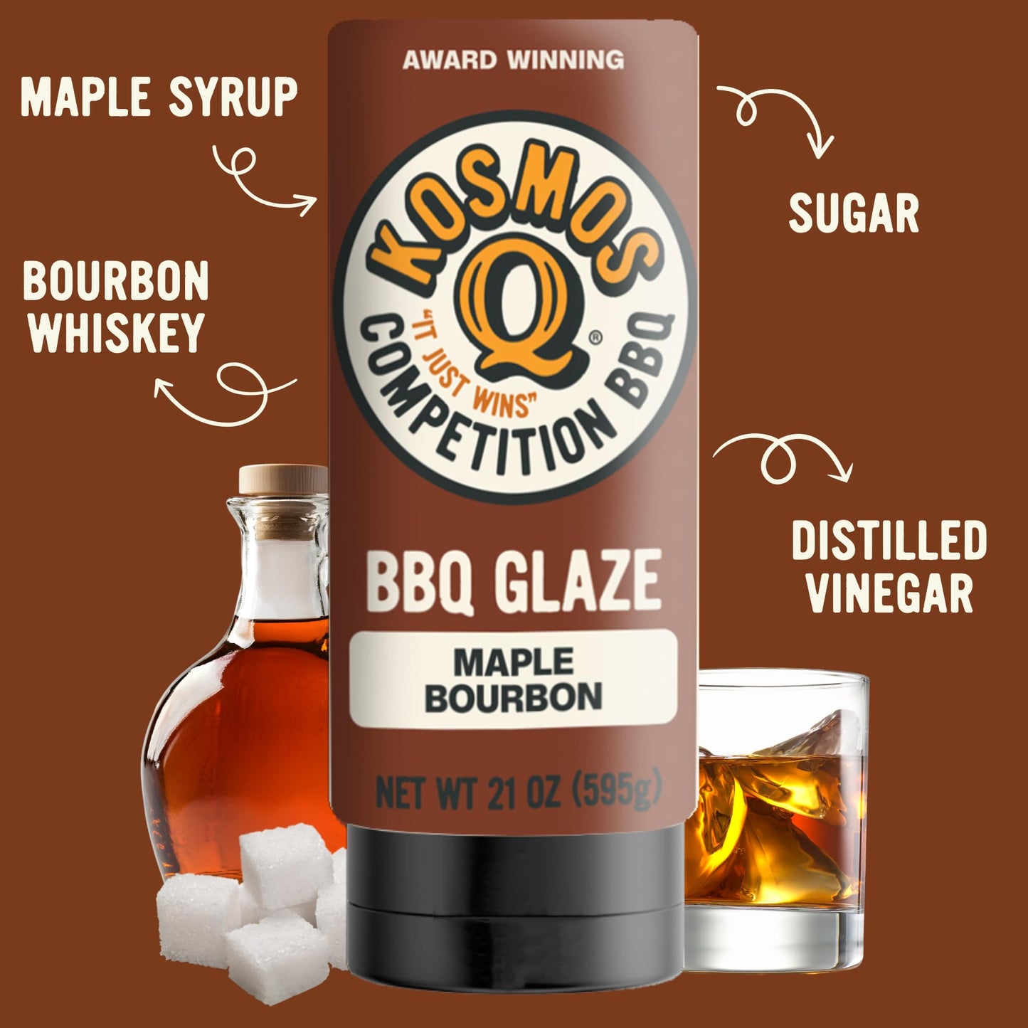 Kosmos Q Maple Bourbon BBQ Glaze, Sweet & Sticky BBQ Sauce for Ribs, Chicken, Pork, or Brisket, Competition-Ready Barbecue Glaze with Real Maple Syrup
