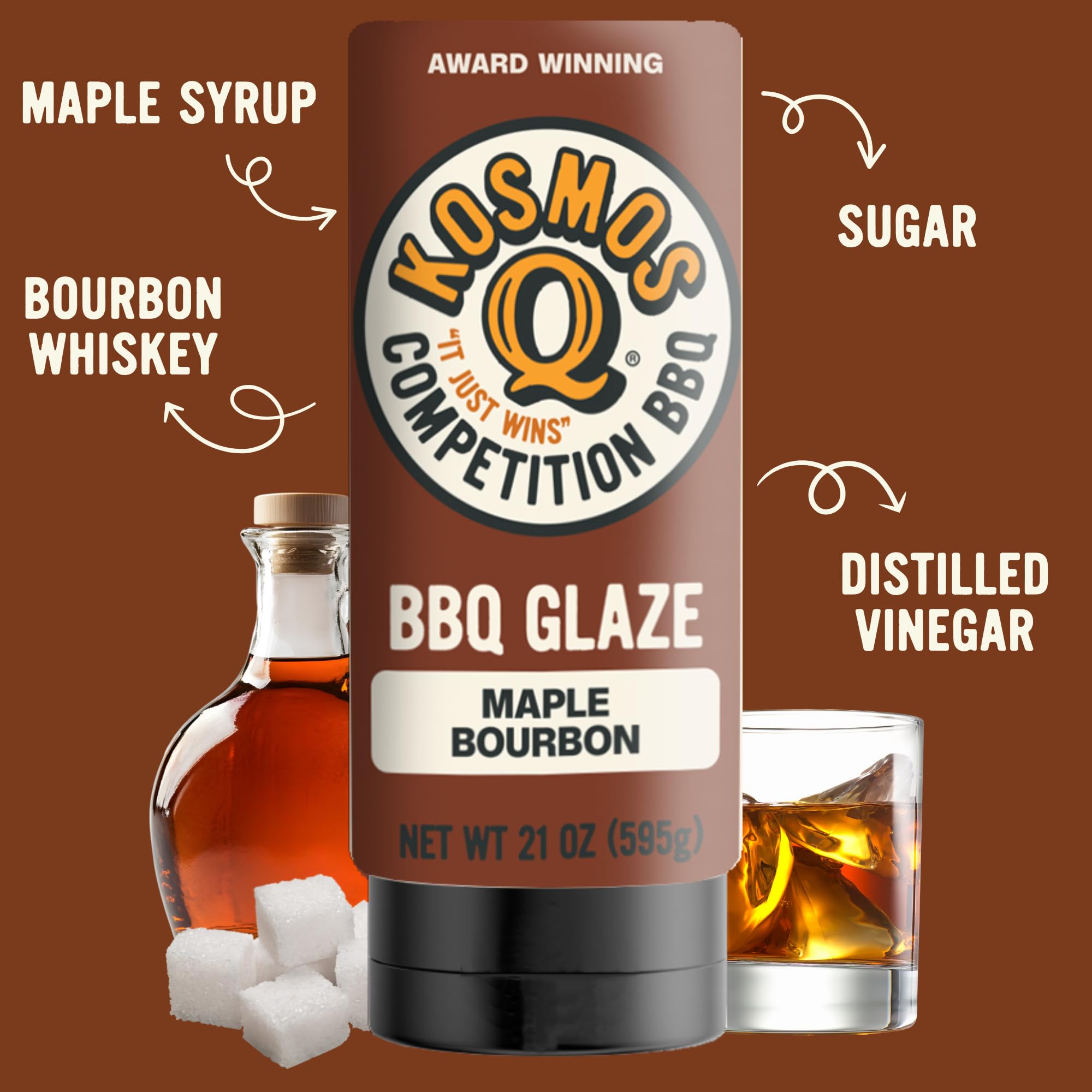 Kosmos Q Maple Bourbon BBQ Glaze, Sweet & Sticky BBQ Sauce for Ribs, Chicken, Pork, or Brisket, Competition-Ready Barbecue Glaze with Real Maple Syrup