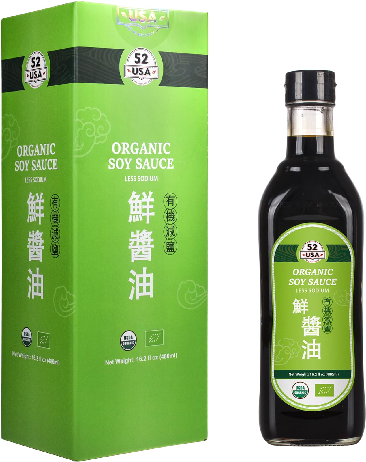 52USA Organic Low Sodium Soy Sauce, 16.2 oz (480ml), All Natural Seasoning for Cooking, Dipping and Asian Cuisine