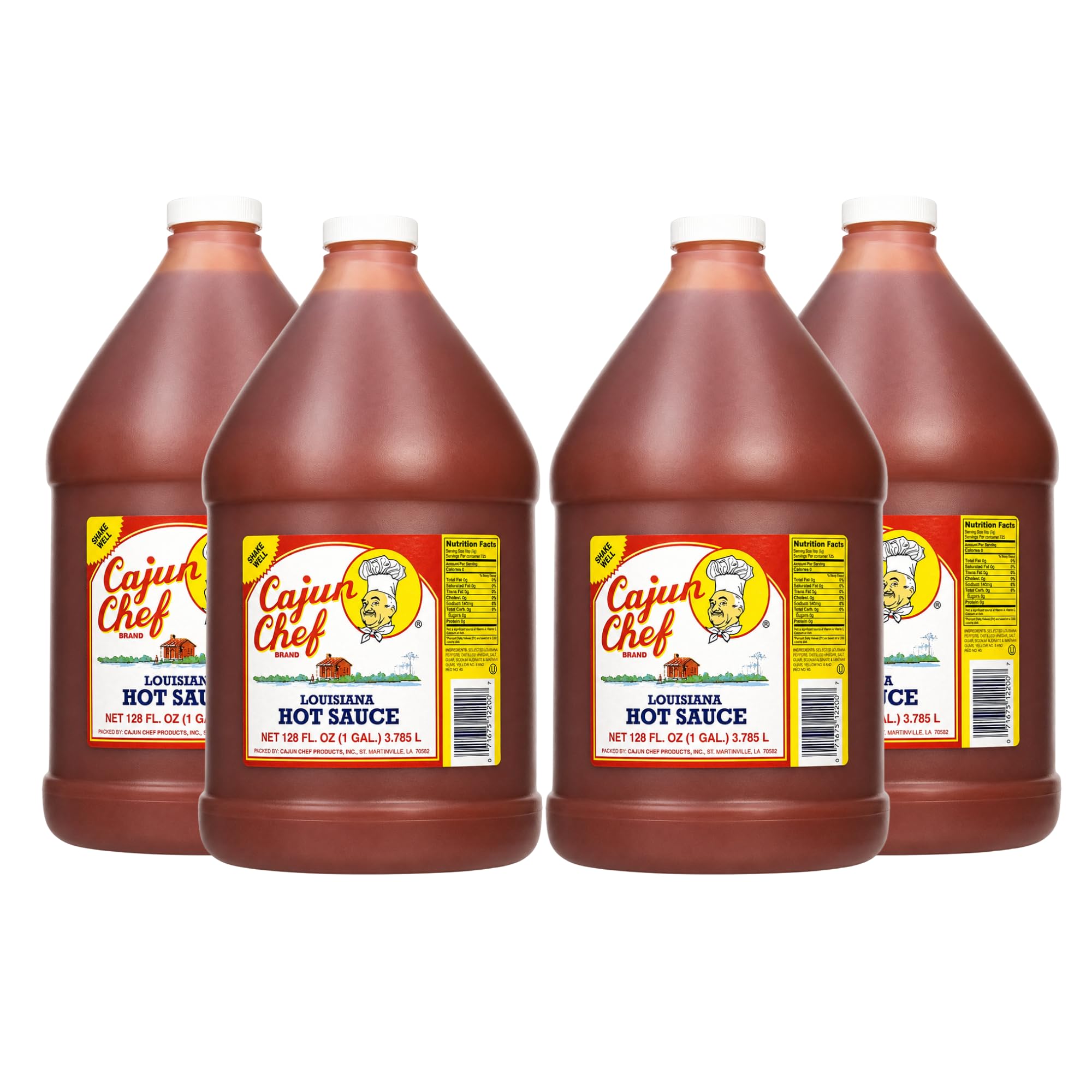 Cajun Chef Louisiana Hot Sauce 1 Gallon, 128 fl oz (Pack of 4) - Cajun Cayenne Pepper Sauce, Mild Heat Hot Sauce for Gumbo, Seafood, Soups, Wings