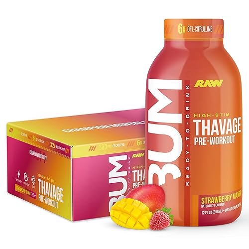 RAW Ready to Drink Pre-Workout Drink - BUM Thavage RTD Preworkout Shakes - Energy Supplement Drinks with Beta Alanine, L-Citrulline & Caffeine - Zero