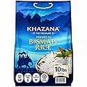 Authentic Premium Basmati Rice by Khazana in 10 lb Bag - Aromatic and Flavorful Indian Grain - Non-GMO, Gluten Free, Kosher, Cholesterol Free