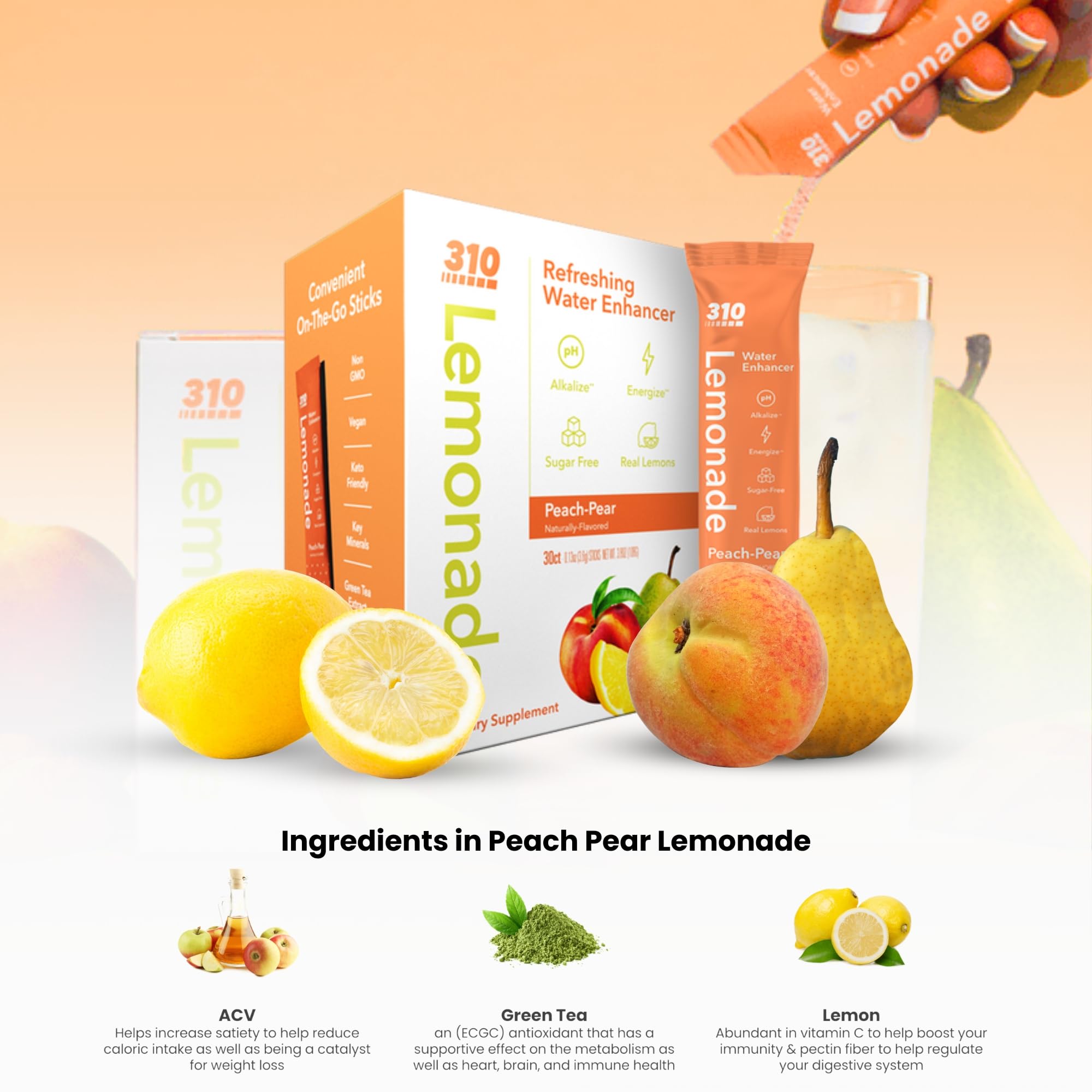 310 Nutrition Electrolyte Lemonade Powder, Sugar-Free Hydration & Energy Drink Mix, Low-Calorie Water Flavoring Packets - Peach Pear Flavor - 30