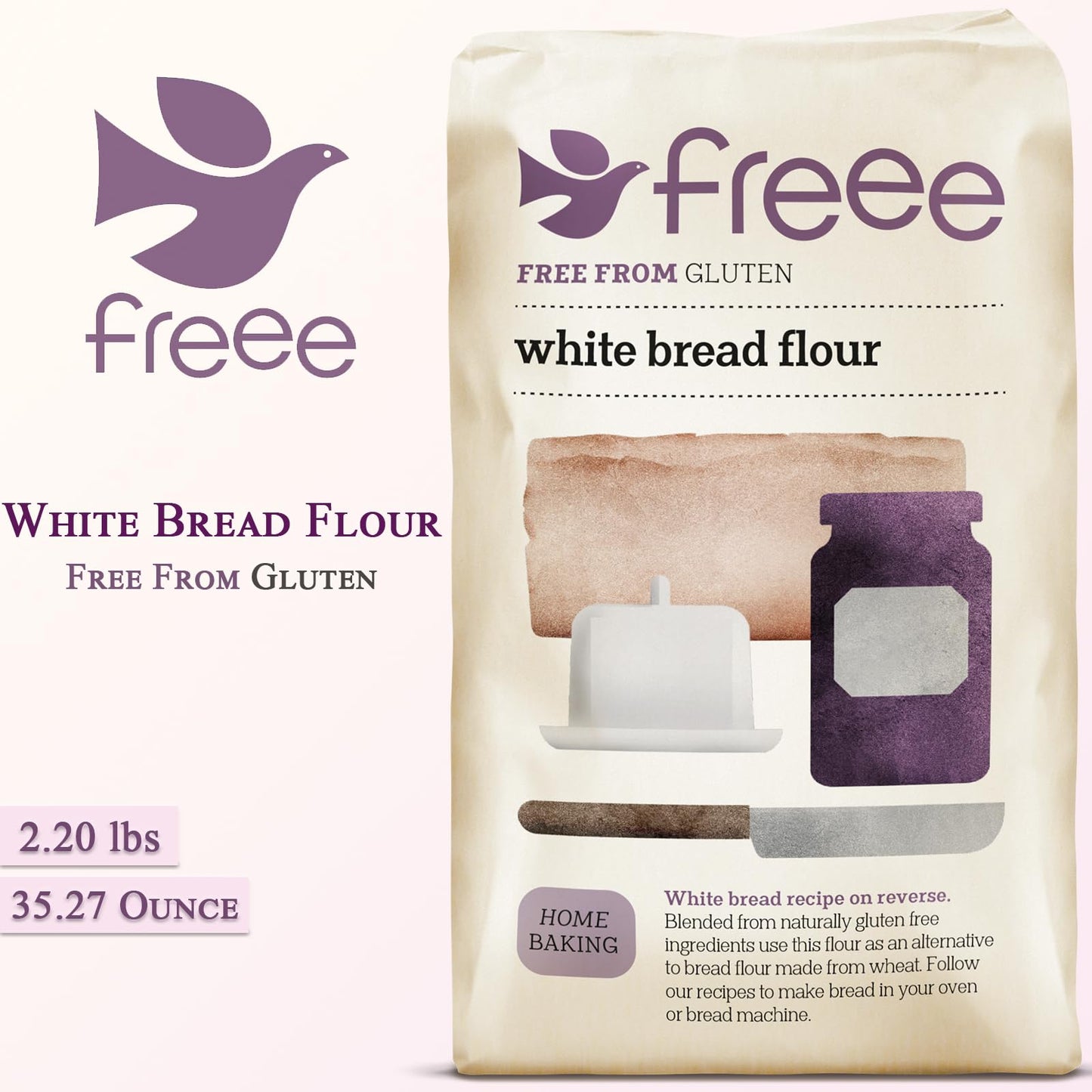 freee Gluten Free White Bread Flour 2.2 lb / 1 kg (Pack of 2) | Premium GF Flour Blend for Baking Breads, Sourdoughs, Rolls & Buns | Xanthan Gum |