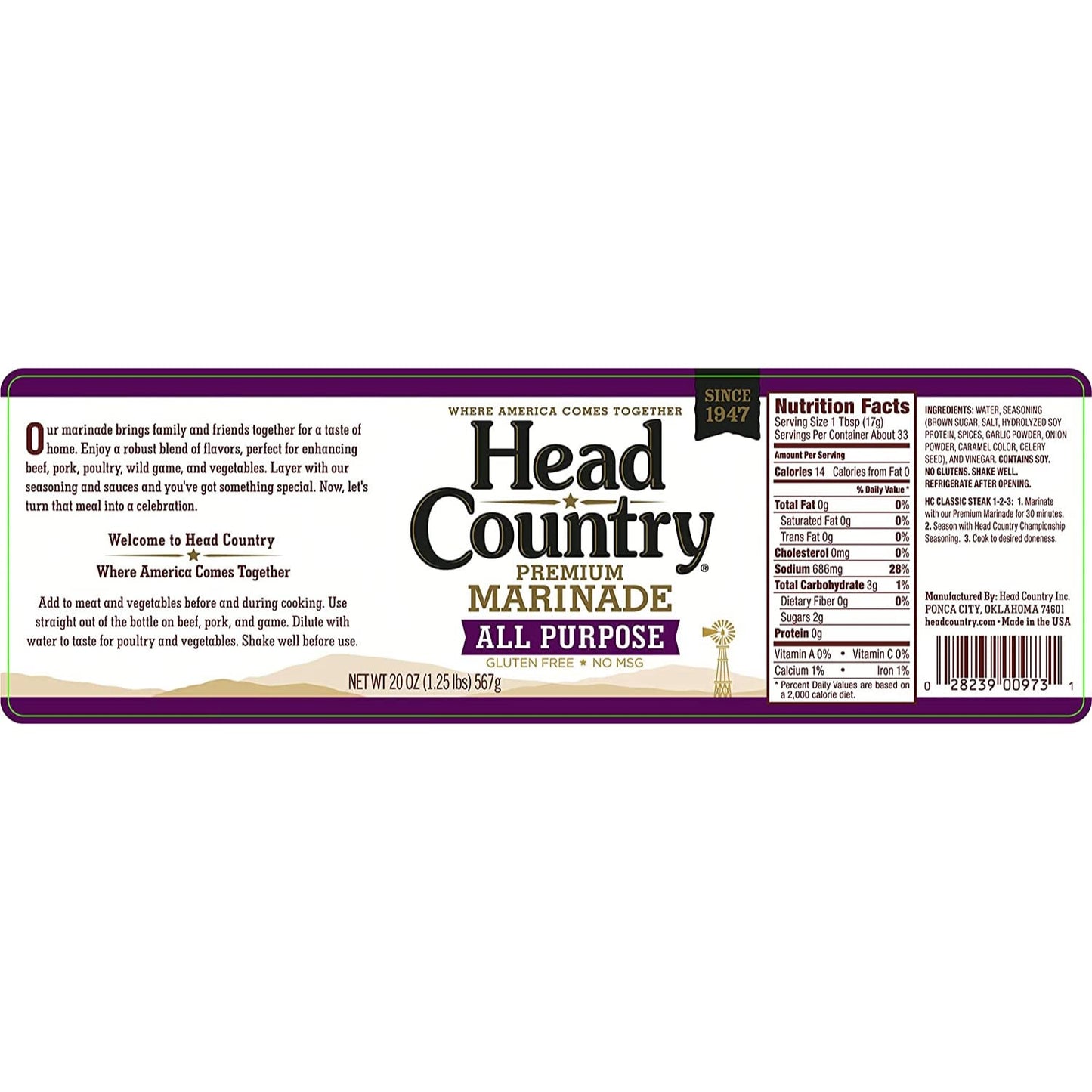 Head Country Premium BBQ Marinade | All-Purpose Marinade Sauce Great For Grilling Beef, Poultry, Wild Game & Vegetables | 20 Ounce
