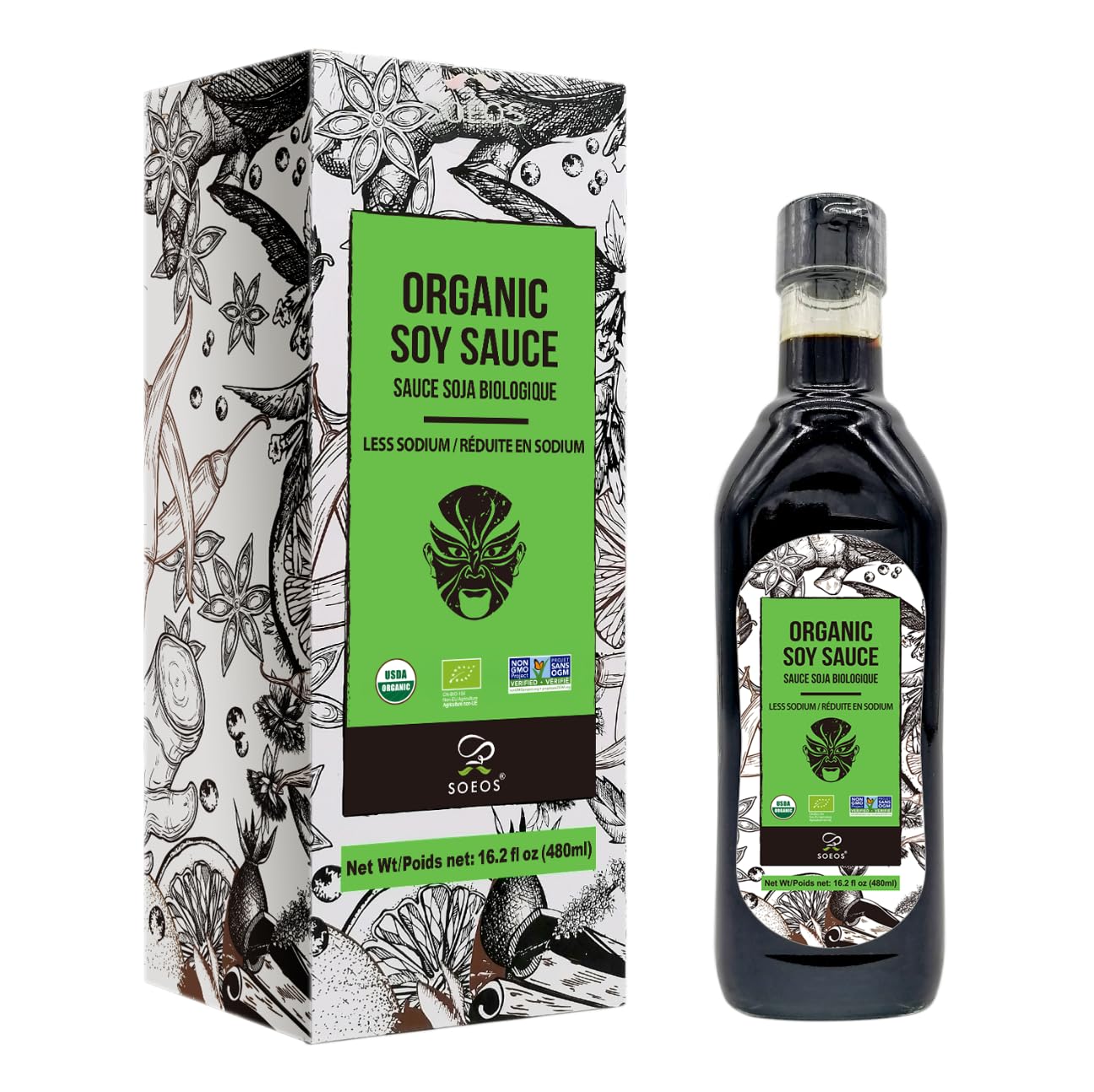 Soeos Soy Sauce Low Sodium, 16.2oz (480ml) 1 Pack, USDA Organic Soy Sauce, Premium Quality Dark Soy Sauce, Pure Ingredients, Marinade for Meat