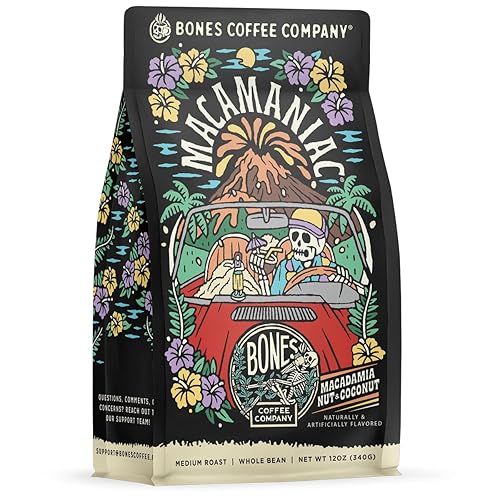 Bones Coffee Company Macamaniac, Macadamia and Coconut Flavored Coffee, Medium Roast Low Acid Arabica Beans Compatible with Auto drip and French Press