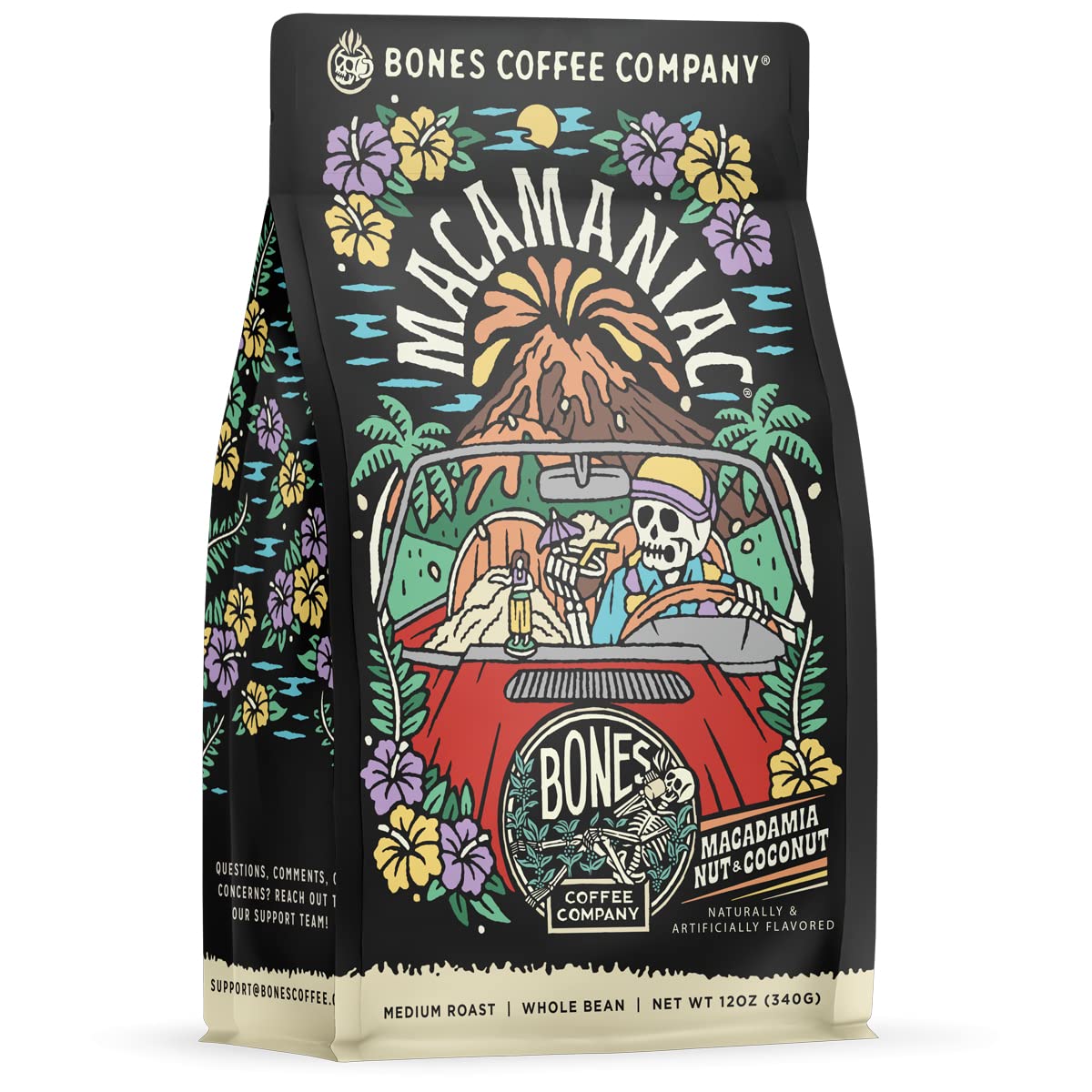 Bones Coffee Company Macamaniac, Macadamia and Coconut Flavored Coffee, Medium Roast Low Acid Arabica Beans Compatible with Auto drip and French Press