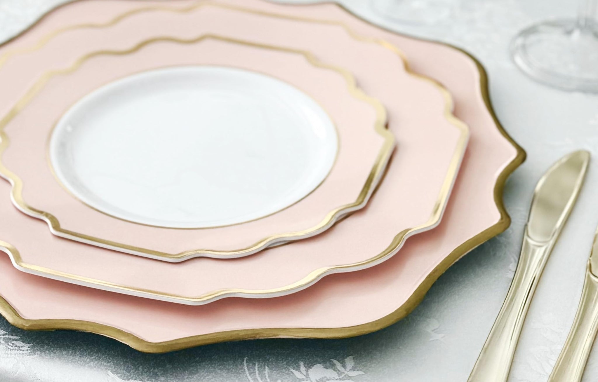 " OCCASIONS " 240 Plates Pack, Heavyweight Disposable Wedding Party Plastic Plates (8'' Appetizer/Dessert Plate, Imperial in White/Blush & Gold)