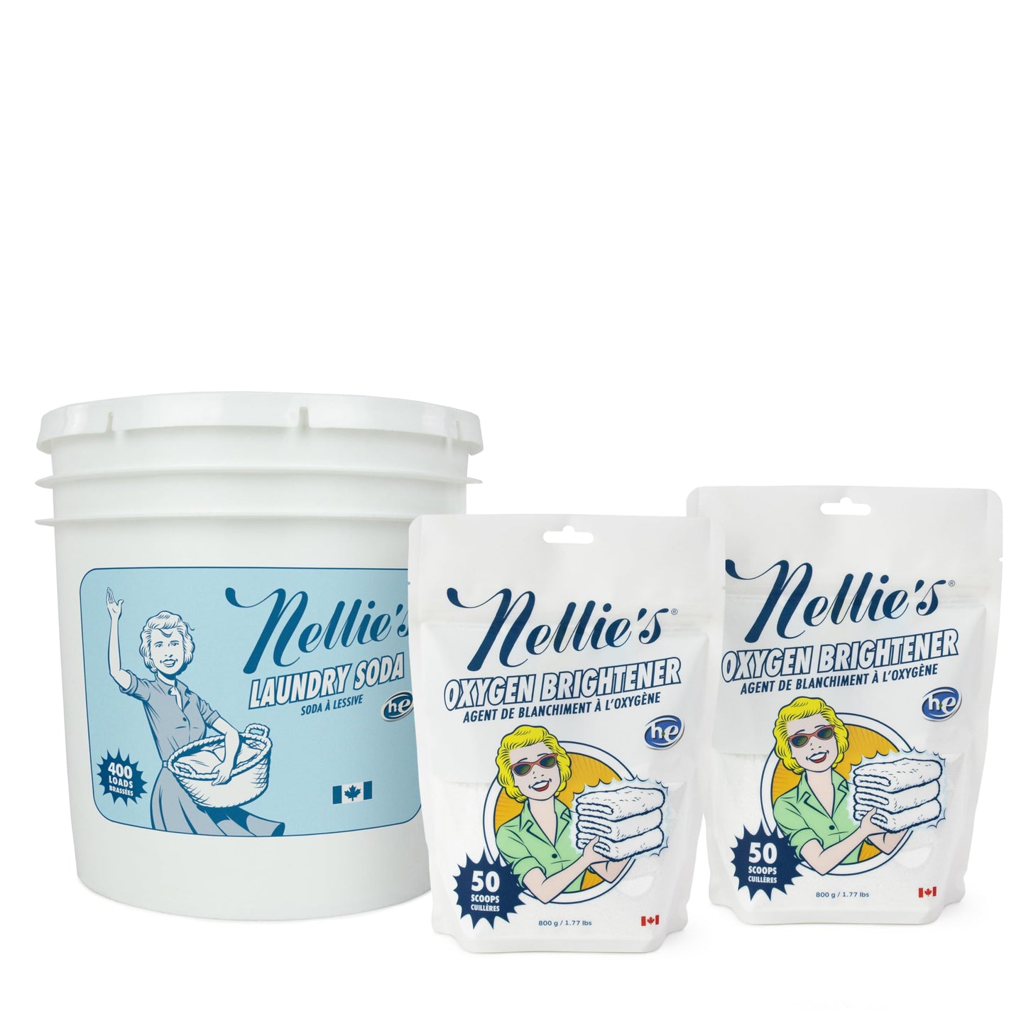 Nellie’s Laundry Bundle - 400 Load Laundry Soda & Two 50 Load Oxygen Brighteners - Powdered Detergent for Long-Lasting Freshness - HE & Standard