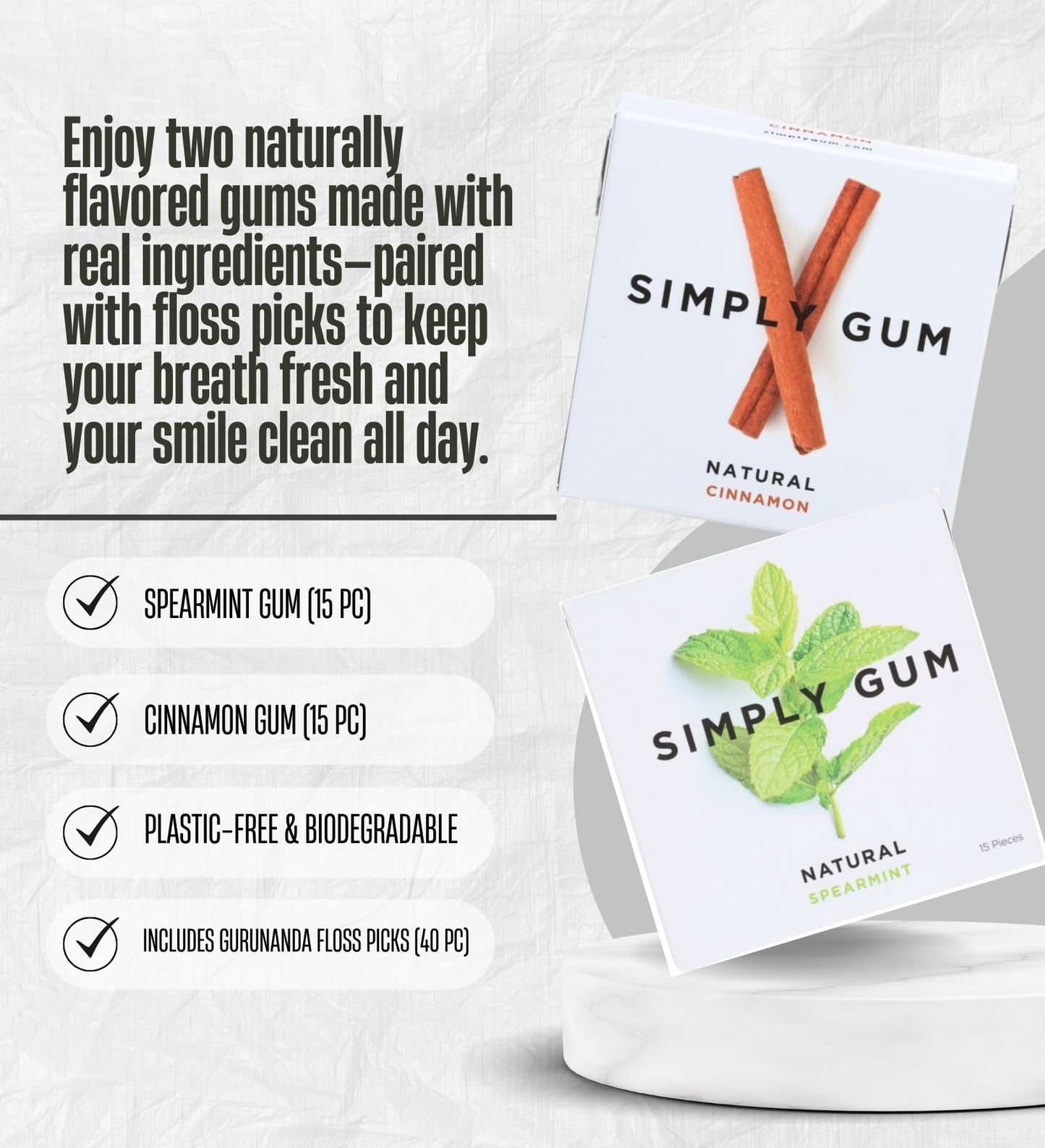 Simply Gum Natural Spearmint + Cinnamon 15 pc each Bundle with Dental Floss Picks Dental 40pc - Natural Gum Chewing & Fresh Breath Essentials - Ideal