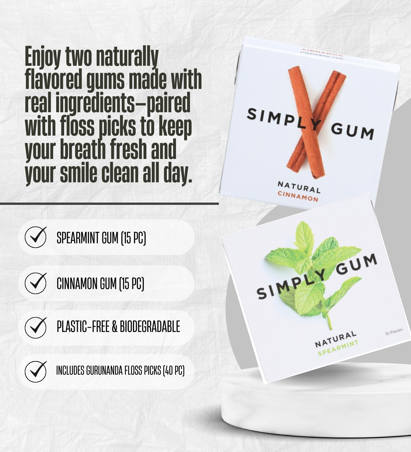Simply Gum Natural Spearmint + Cinnamon 15 pc each Bundle with Dental Floss Picks Dental 40pc - Natural Gum Chewing & Fresh Breath Essentials - Ideal
