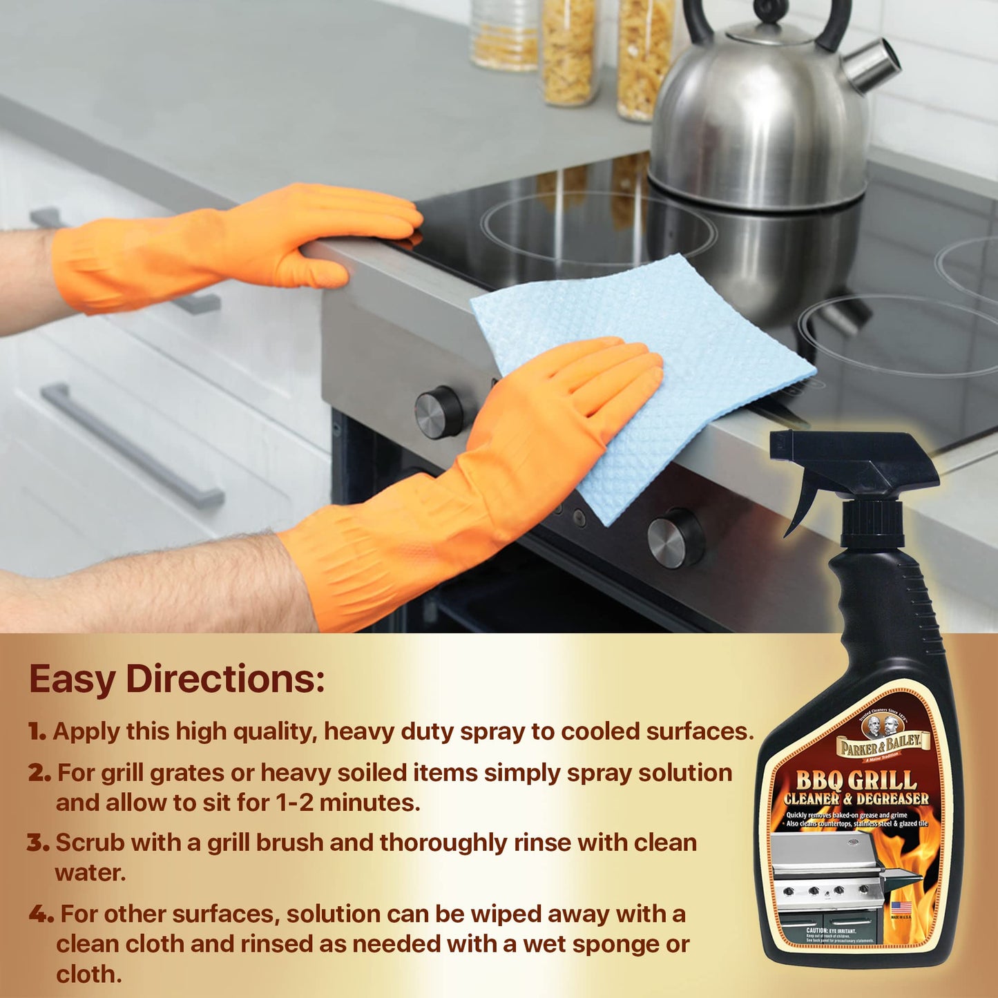 Parker & Bailey Grill Cleaner and Degreaser - BBQ Grill Cleaner Degreaser Cleaner Heavy Duty Countertop Cleaner Stainless Steel Cleaner Glazed Tile
