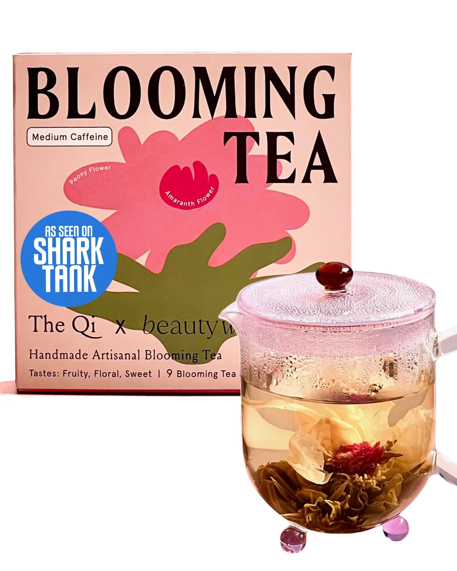 The-Qi Inner Beauty Peony Blooming Flower w/Green Tea - 9 Pcs Handpicked All Natural Blooming Flower Tea - Peony & Globe Amaranth Blend Qi Gift Set