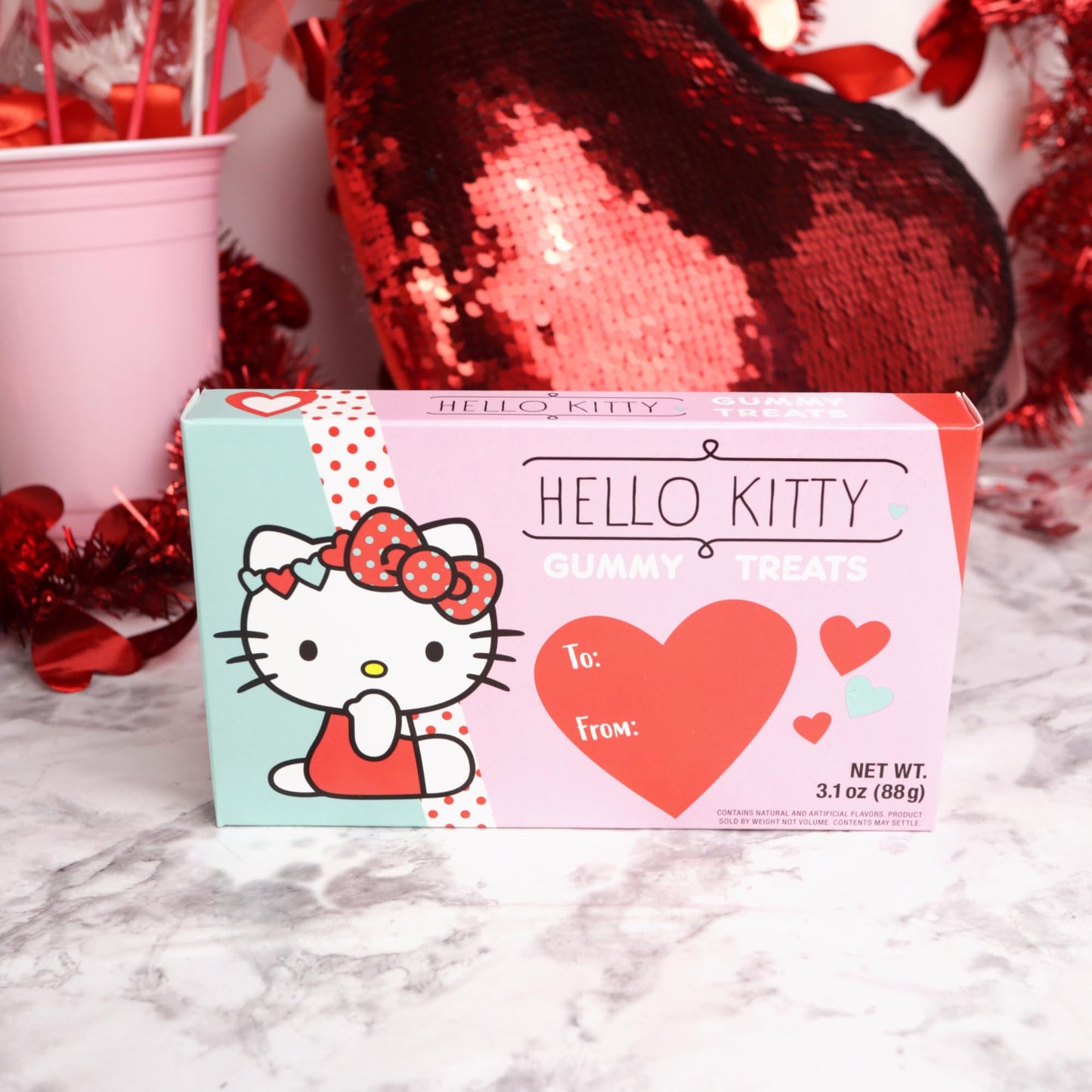 Valentine's Day Hello Kitty Gummies, Assorted Fruit Flavored, Theatre Box with To/From Section, Seasonal Candy Gift, 3.1 Ounce (Pack of 3)