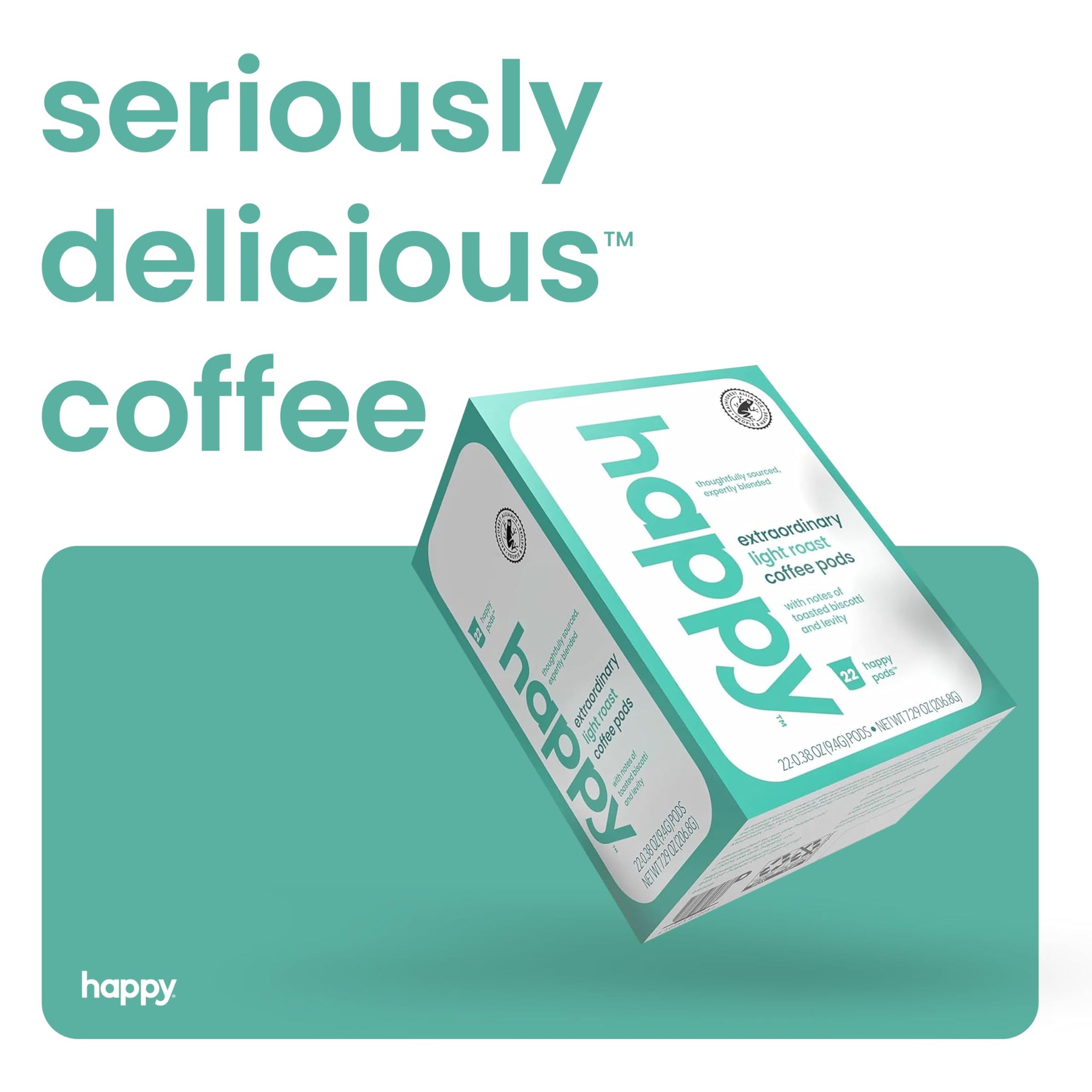 happy coffee light roast coffee pods, 22 count, notes of toasted biscotti and levity, compatible with most K-cup brewers, rainforest alliance