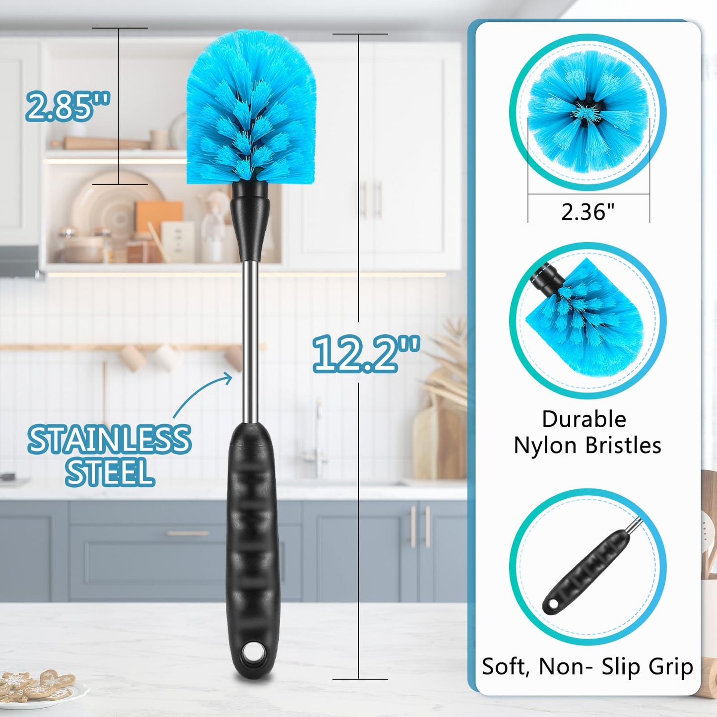 12.2 inch Bottle Brush Set of Three?Washable Coffee Cups, Water Bottles, Baby Bottles, Straws, to-go Cups, Long-Handled 3-in-1 Stainless Steel Bottle