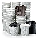 MUCHII 8 oz Disposable Paper Coffee Cups, 100 Count Insulated Ripple To Go Cups With Lids and Straws for Tea, Hot Chocolate, and Drinks