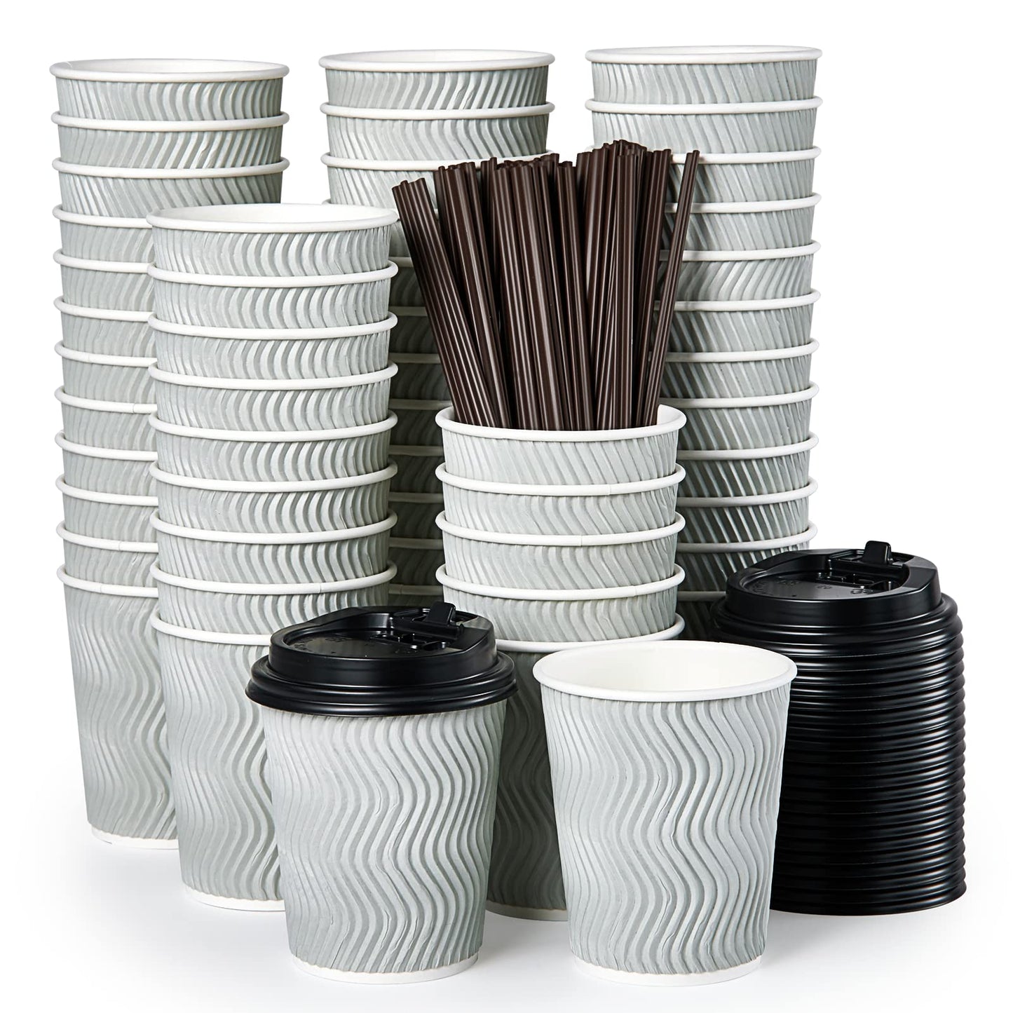 MUCHII 8 oz Disposable Paper Coffee Cups, 100 Count Insulated Ripple To Go Cups With Lids and Straws for Tea, Hot Chocolate, and Drinks