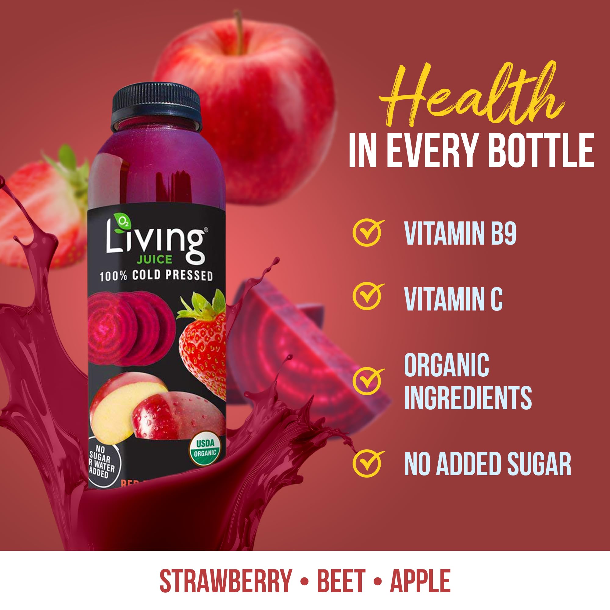 O2 Living Juice Cold Pressed Drink - Red Radiance Organic Juice Pack - No Added Sugar or Water, Naturally Sweetened from Fruits, Rich in Nutrients