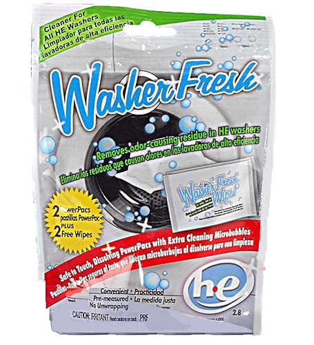 WasherFresh Washing Machine Cleaner, Cleans Front Load and Top Load Normal or High Efficiency Washers, 2 PowerPac Dissolving Pouches and Cleaning