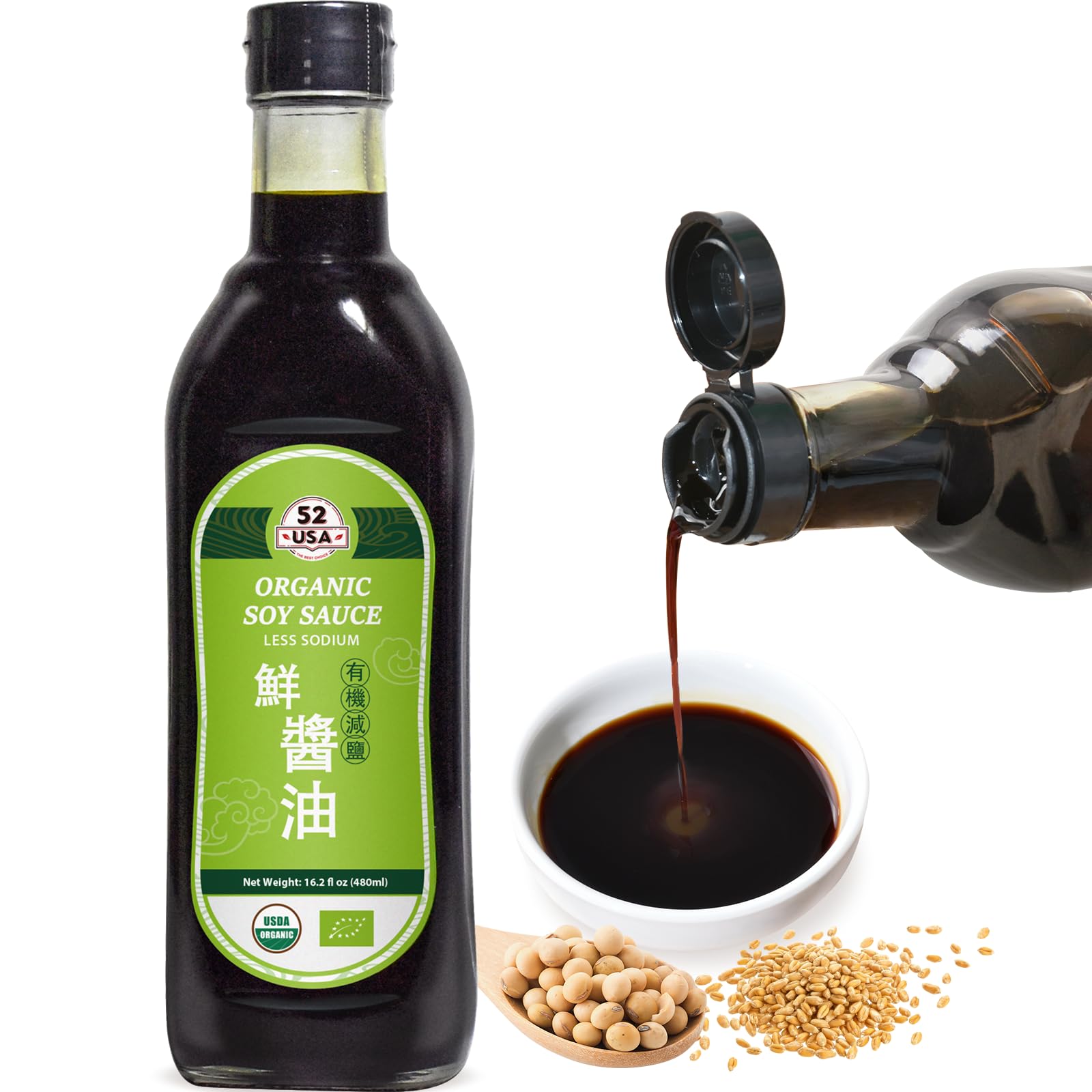 52USA Soy Sauce Low Sodium, 16.2oz(480ml), USDA Organic Dark Soy Sauce, Naturally Brewed, Zero Additives, No Coloring, Low Sodium Soya Sauce Perfect