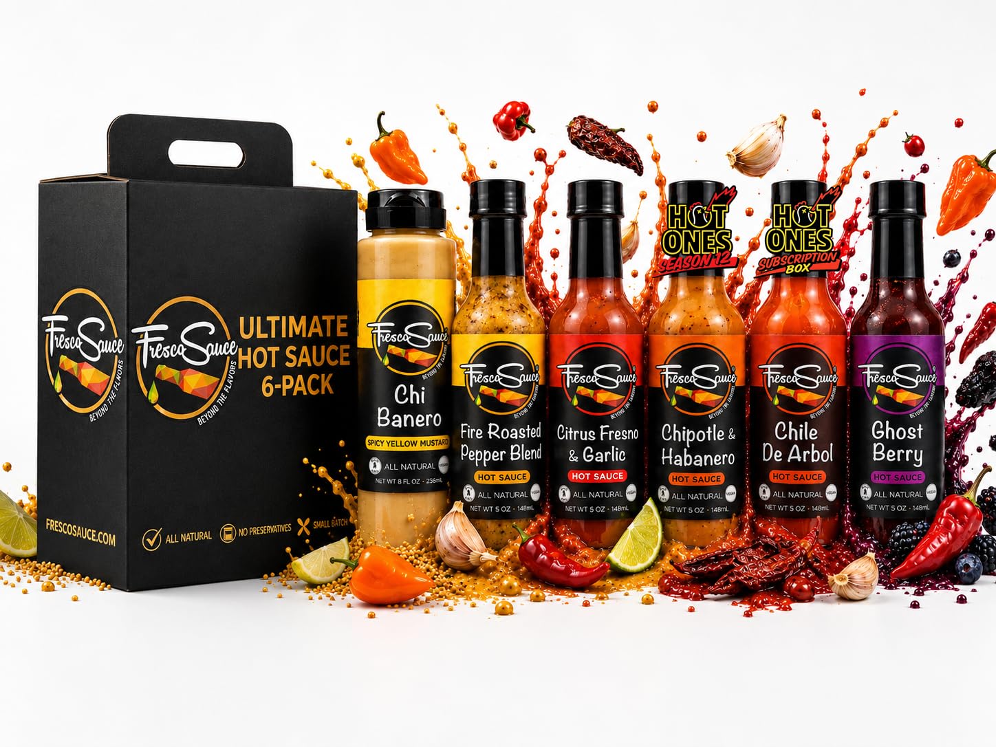 Hot Sauce Bundel by Fresco Sauce 6 Pack- Chi banero Spicy Yellow Mustard - Fire Roasted Pepper Blend made with Jalapeno - Serrano - Citrus Fresno made