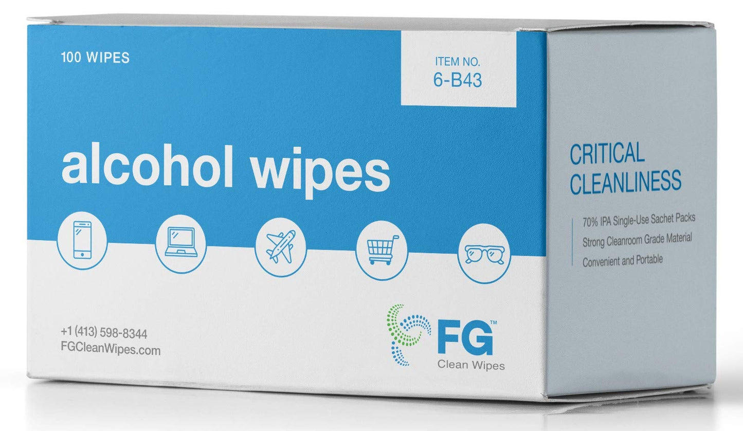 FG Clean Wipes Lint Free 70% IPA Wipes - 4”x3” - 100 Individually Wrapped Sachets - Made in The USA - Saturix 6B43