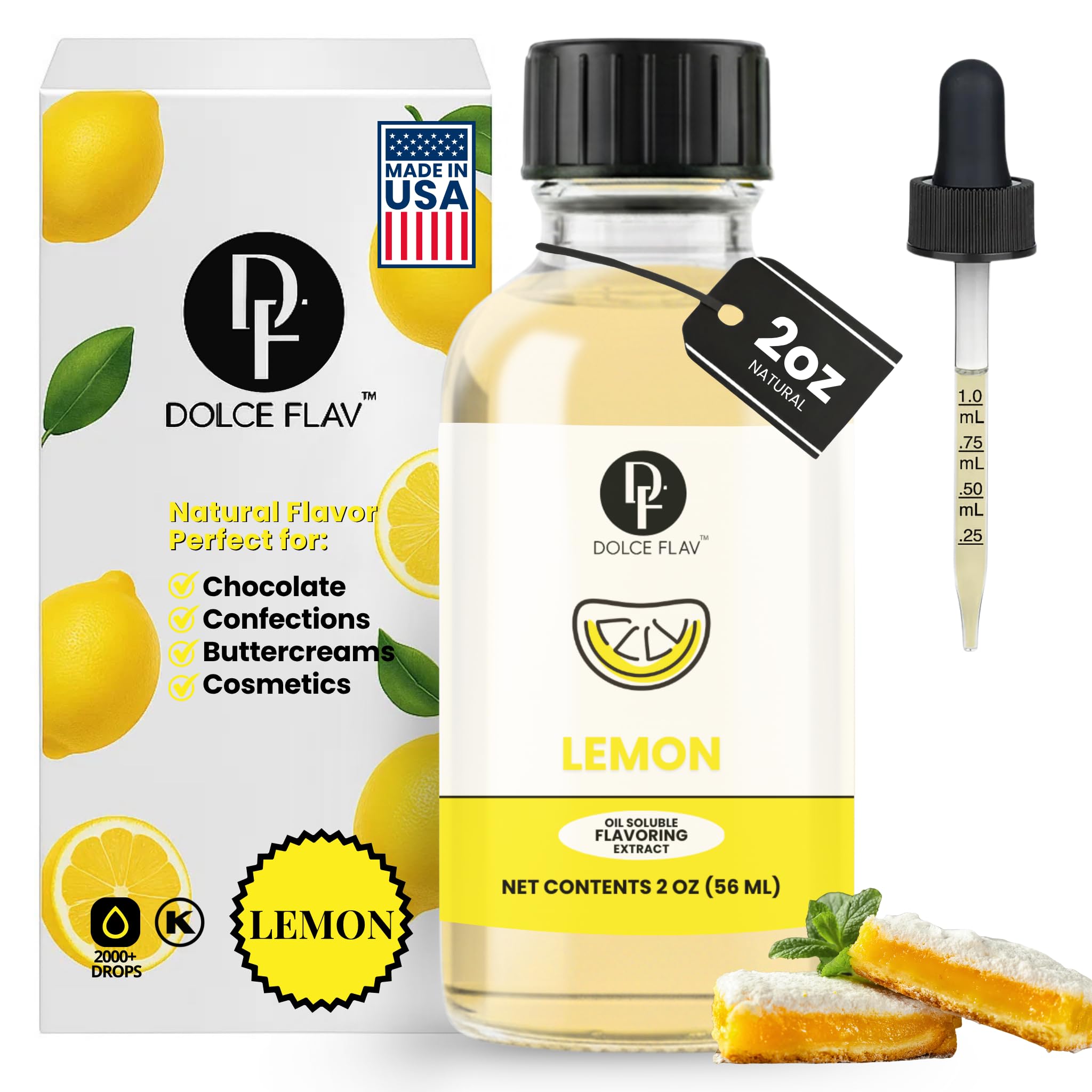 Lemon Flavor Concentrate for Food & Cosmetics - 2 Oz. Multipurpose Lemon Flavouring Oil for Lip Gloss, Pastries, & Candies in Glass Bottle