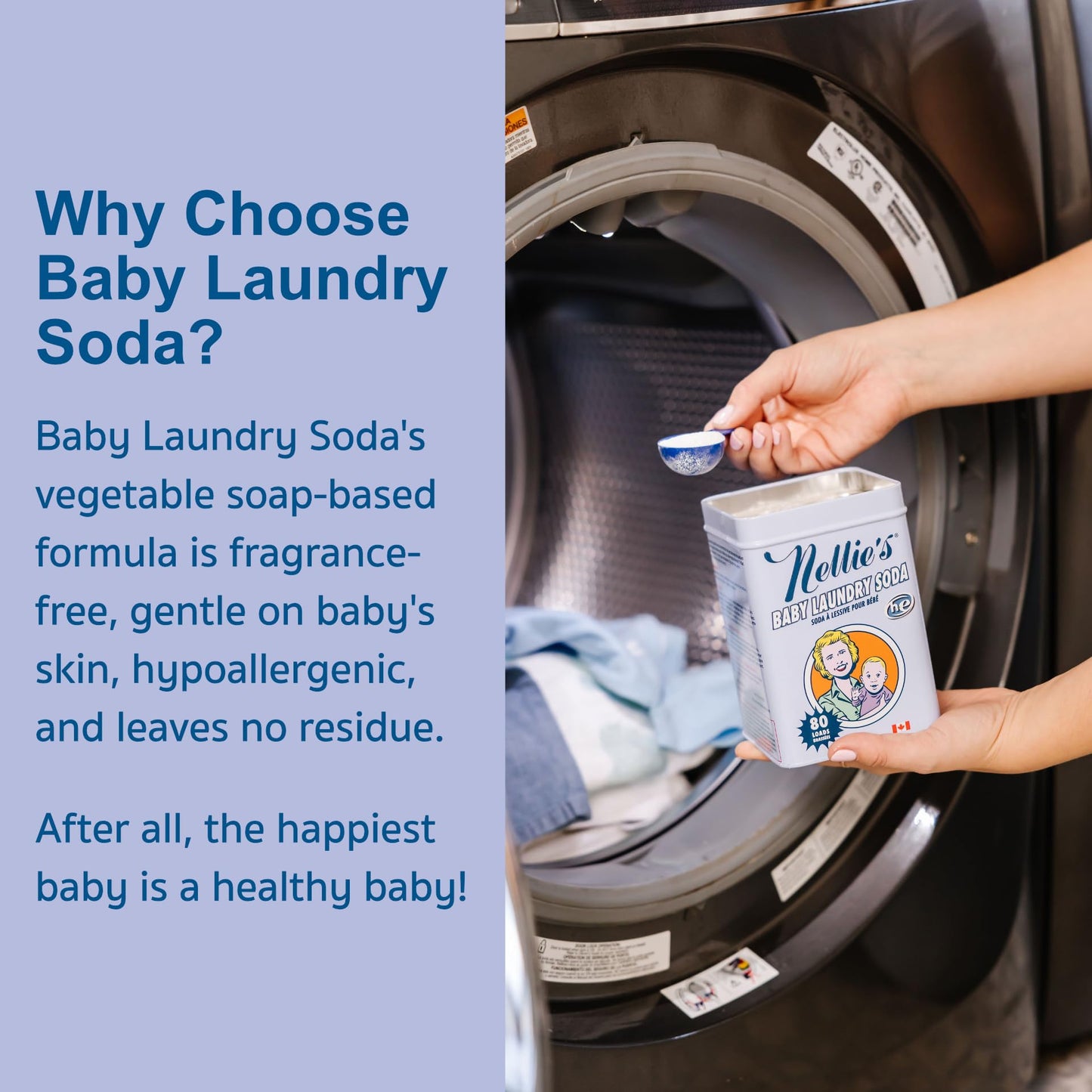 Nellie’s Baby Laundry Soda Tin - 80 Loads - Gentle Powdered Detergent for Delicate Fabrics - Fragrance-Free Formula - 80 Loads - Made in Canada