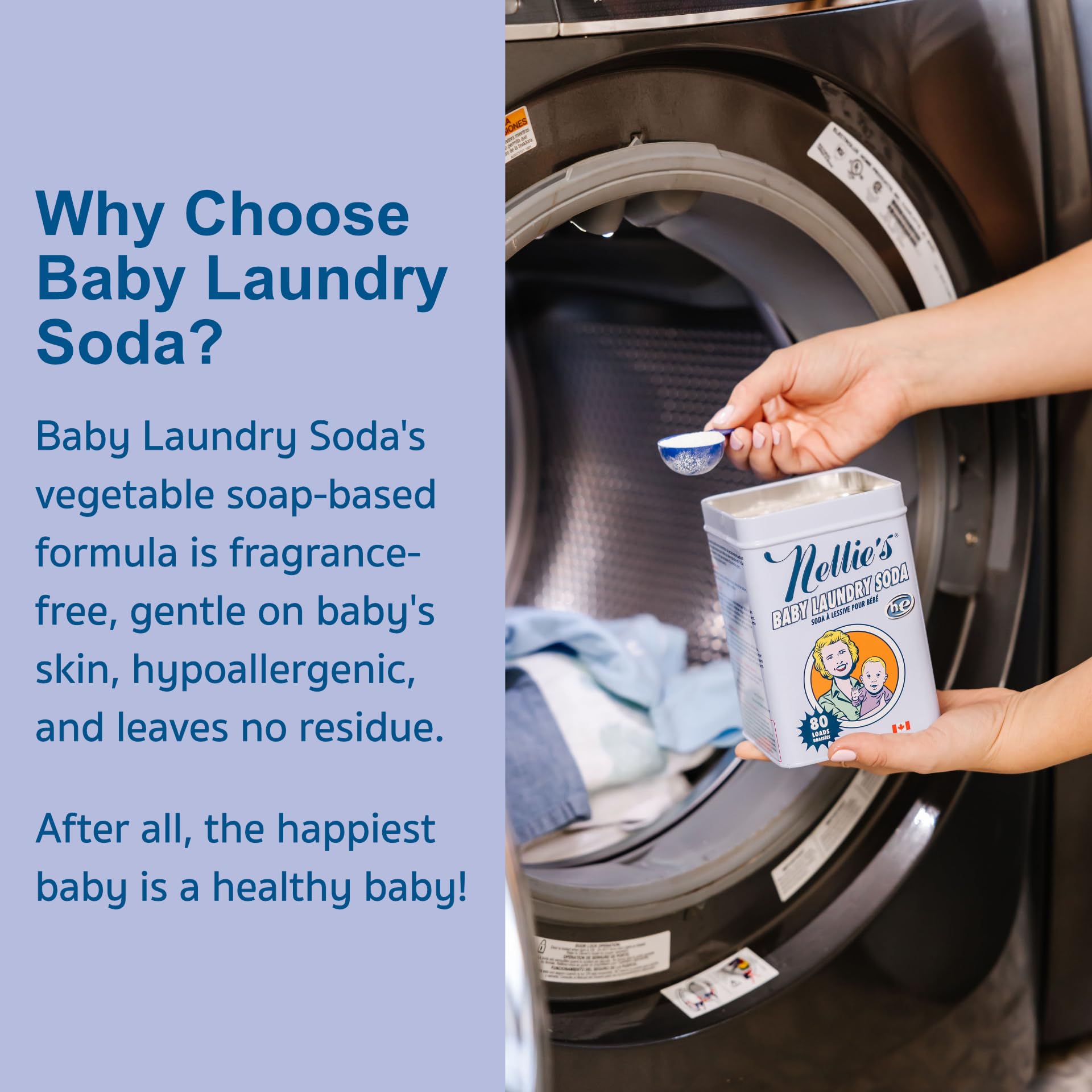 Nellie’s Baby Laundry Soda Tin - 80 Loads - Gentle Powdered Detergent for Delicate Fabrics - Fragrance-Free Formula - 80 Loads - Made in Canada