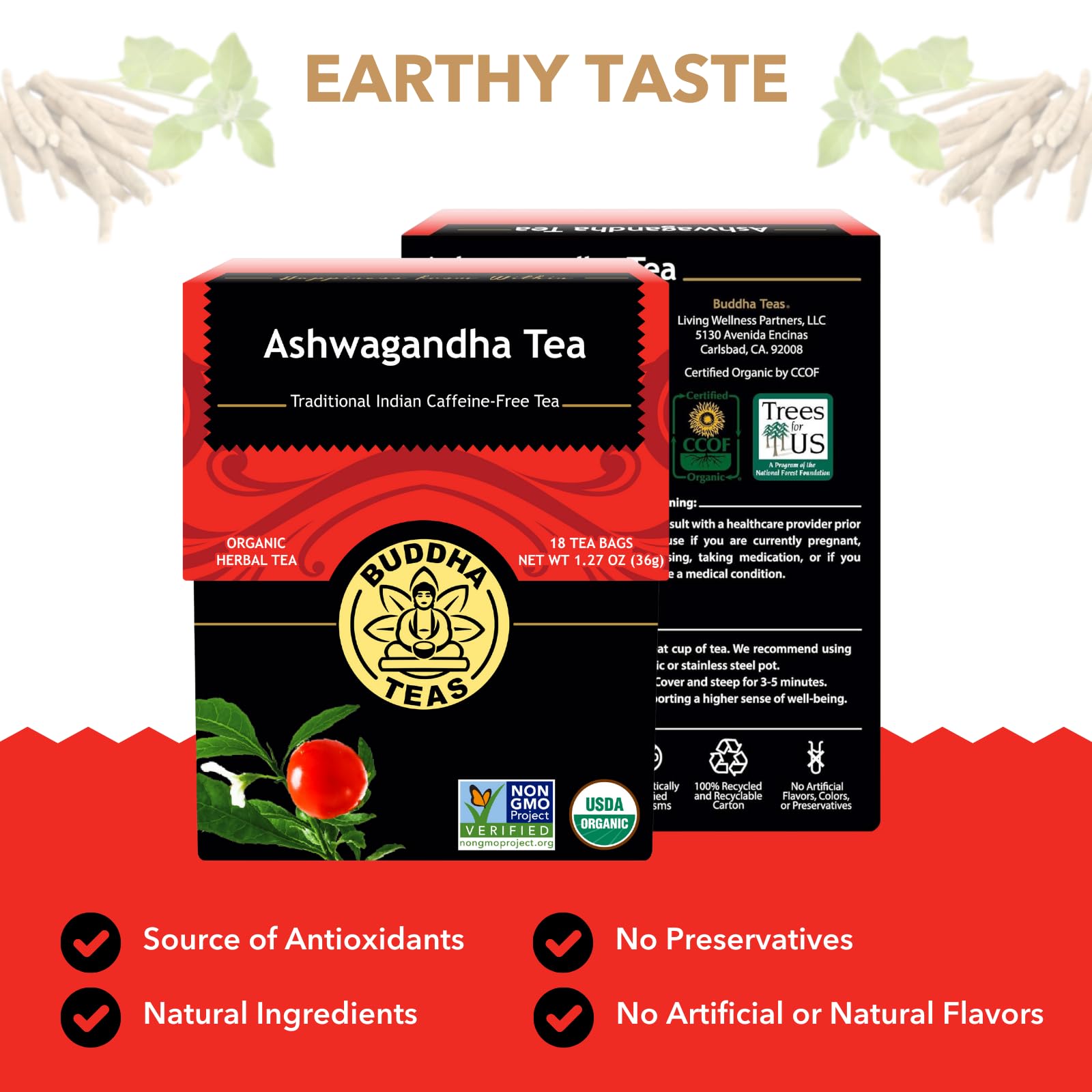 Buddha Teas - Ashwagandha Root Tea - Herbal Tea - Promote Cleansing & Wellness - With Antioxidants & Minerals - Clean Ingredients - Caffeine Free - OU